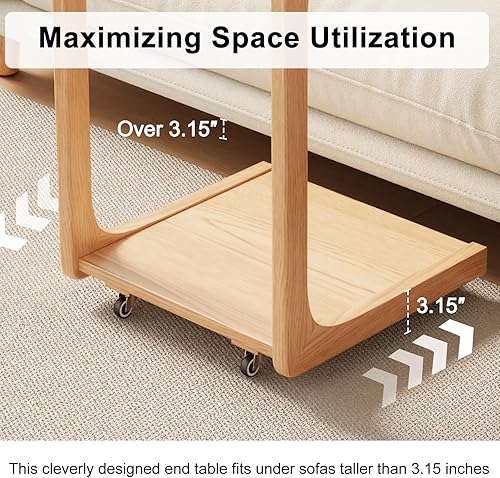 Miniatura 5 de AQIMUELE Mesa auxiliar de madera en forma de C, mesa de sofá con escritorio ajustable, mesa auxiliar pequeña con 2 ruedas con cerradura, mesa