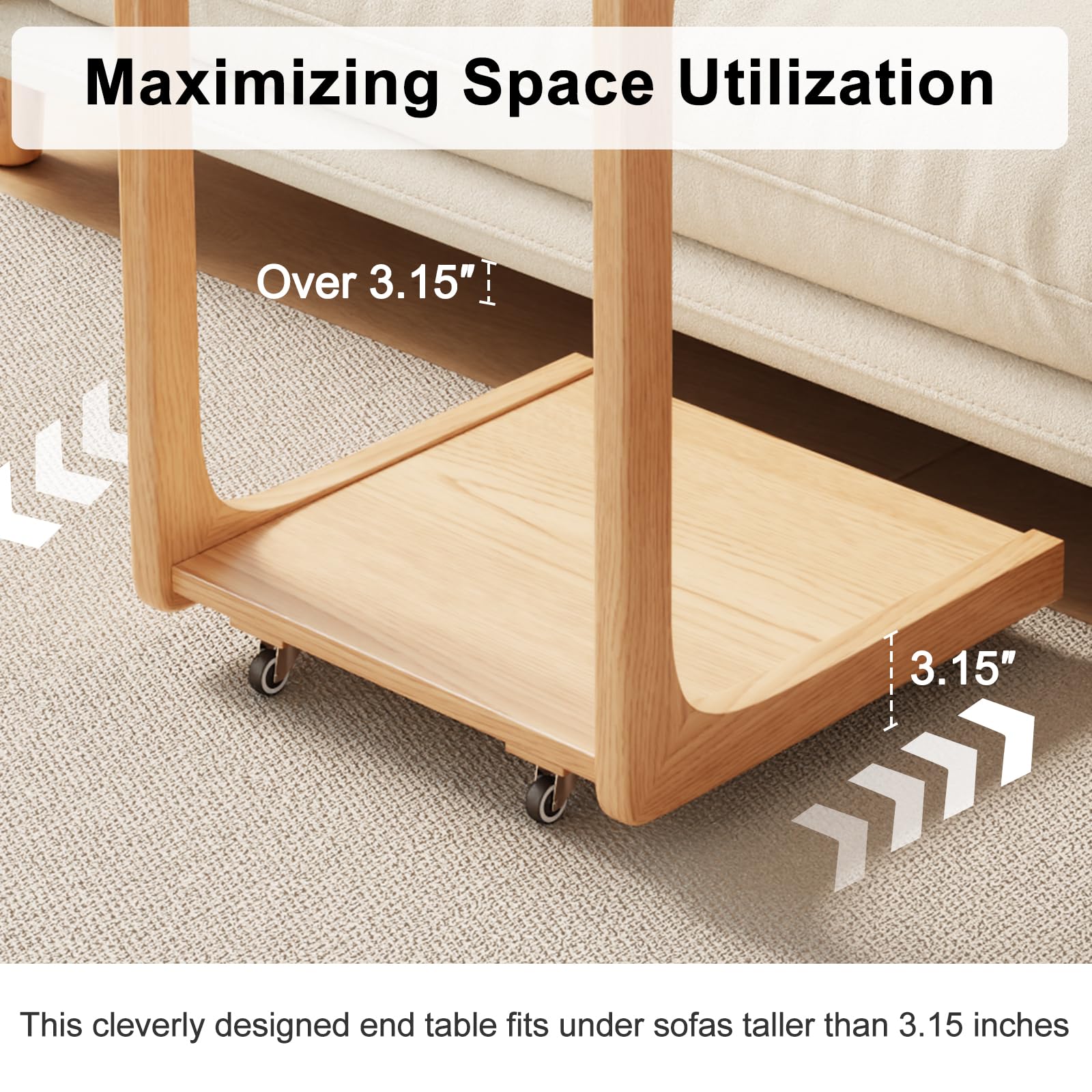 AQIMUELE Tavolino laterale in legno, tavolo per divano con ruote, a forma di C, tavolino da caffè mobile,40P x 40l x 63H cm, per caffè e computer portatile (Naturale)