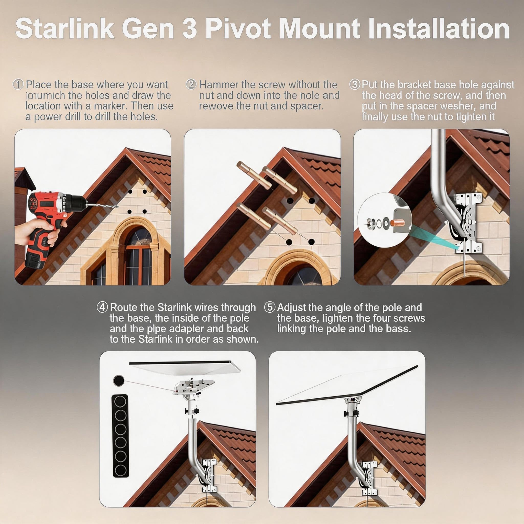 Starlink Support pour montage mural et poteau Gen 3 | Support réglable en métal robuste de 30,5 cm pour parabole V3 standard | Inclinaison à 160° et rotation à 360° | Revêtement étanche | Accessoires