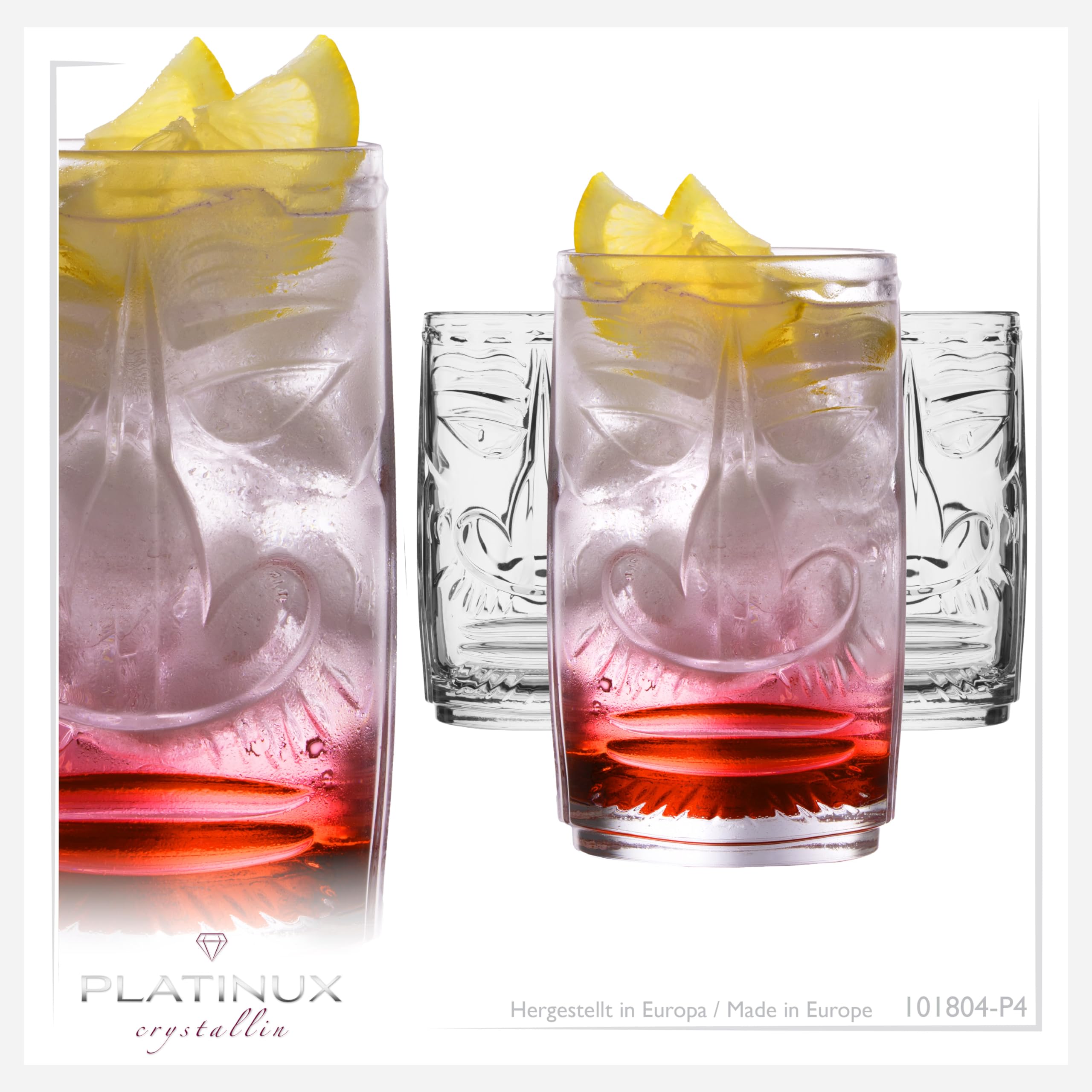 PLATINUX Juego de 6 vasos Tiki de cristal, 450 ml (máx. 500 ml), vasos de cóctel hawaianos