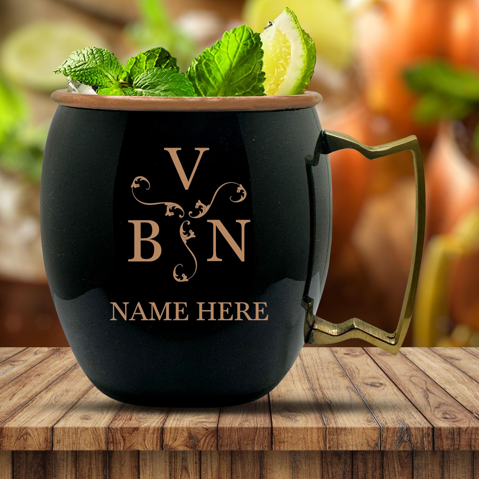 Custom 100% Copper Moscow Mule with Smooth Painted Finish - Engraved Bar Style Copper Cup with Personalized Triangular Vintage Elements Monogram Theme Engraving, Brass Handle | 18 oz, Black | Set of 2