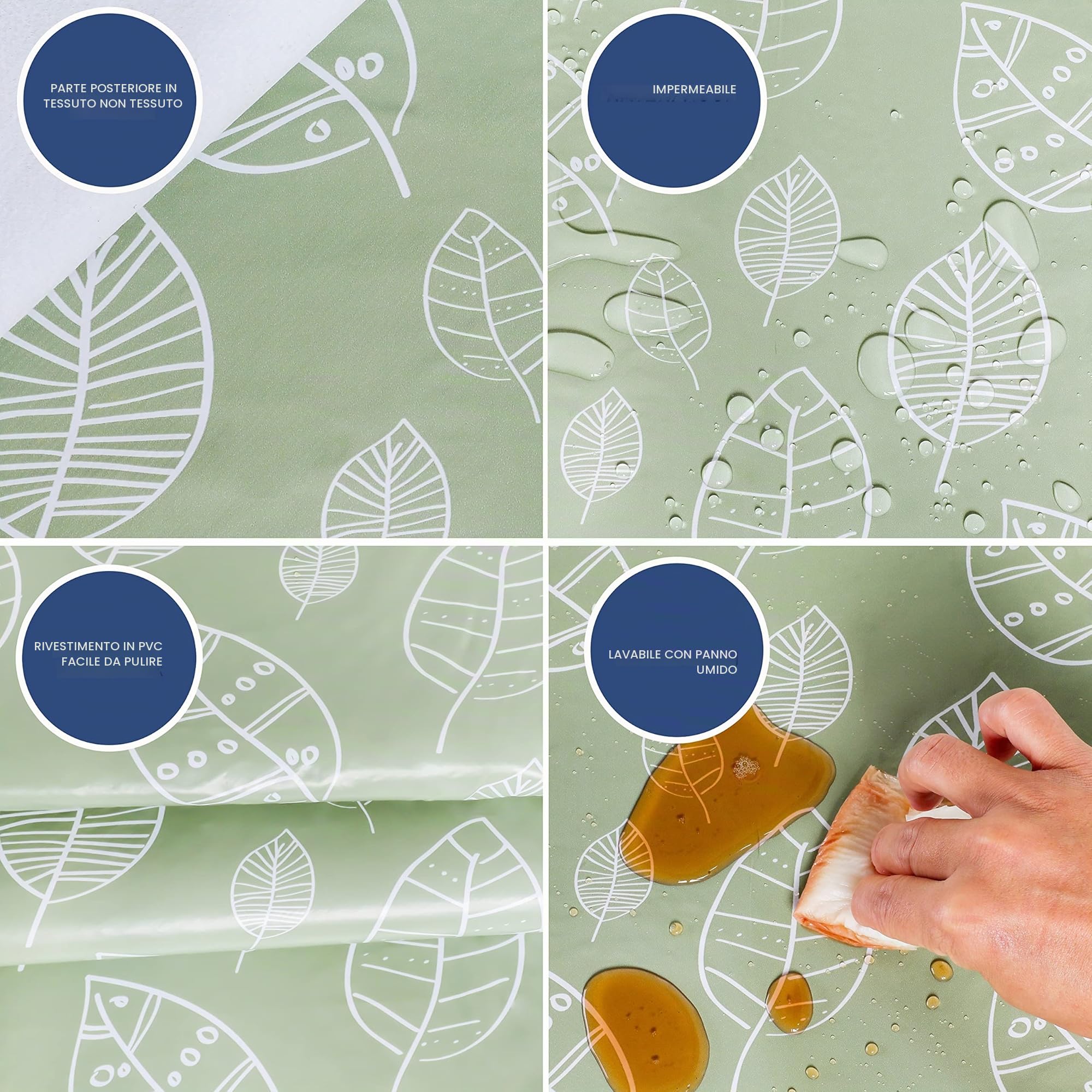 Home Direct Tovaglia in Tela Cerata plastificata Rettangolare 140 x 240cm Le Foglie Verde Salvia