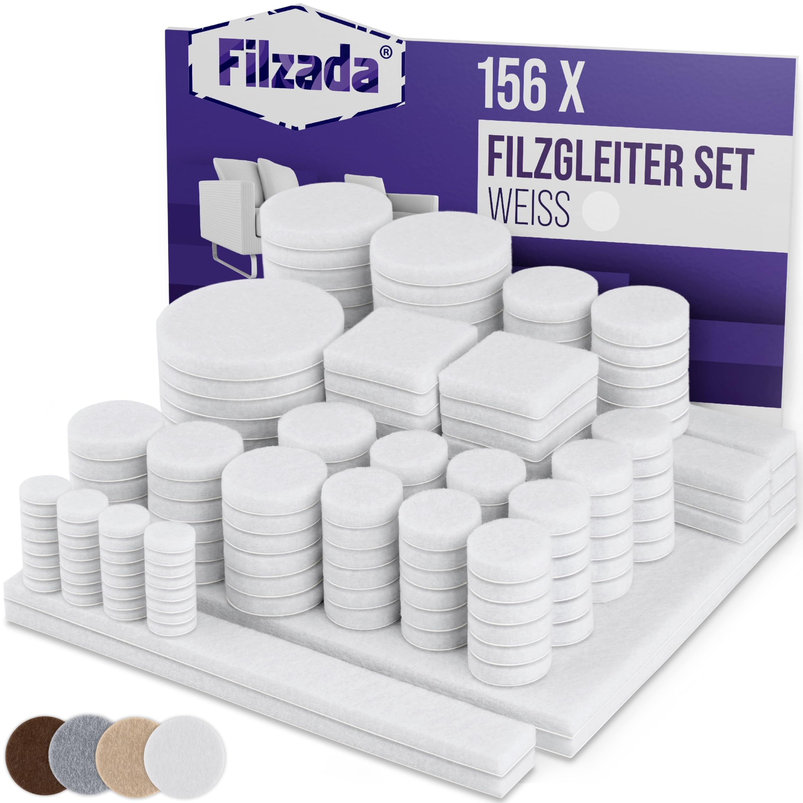 Filzada® Filzgleiter Set 106 & 156 Stück Braun, Beige, Weiß - Möbelgleiter | Filzgleiter Selbstklebend, Stuhlgleiter - Bodenschutz Parkett, Laminat, Fliesen - starke Klebkraft - geräuscharm