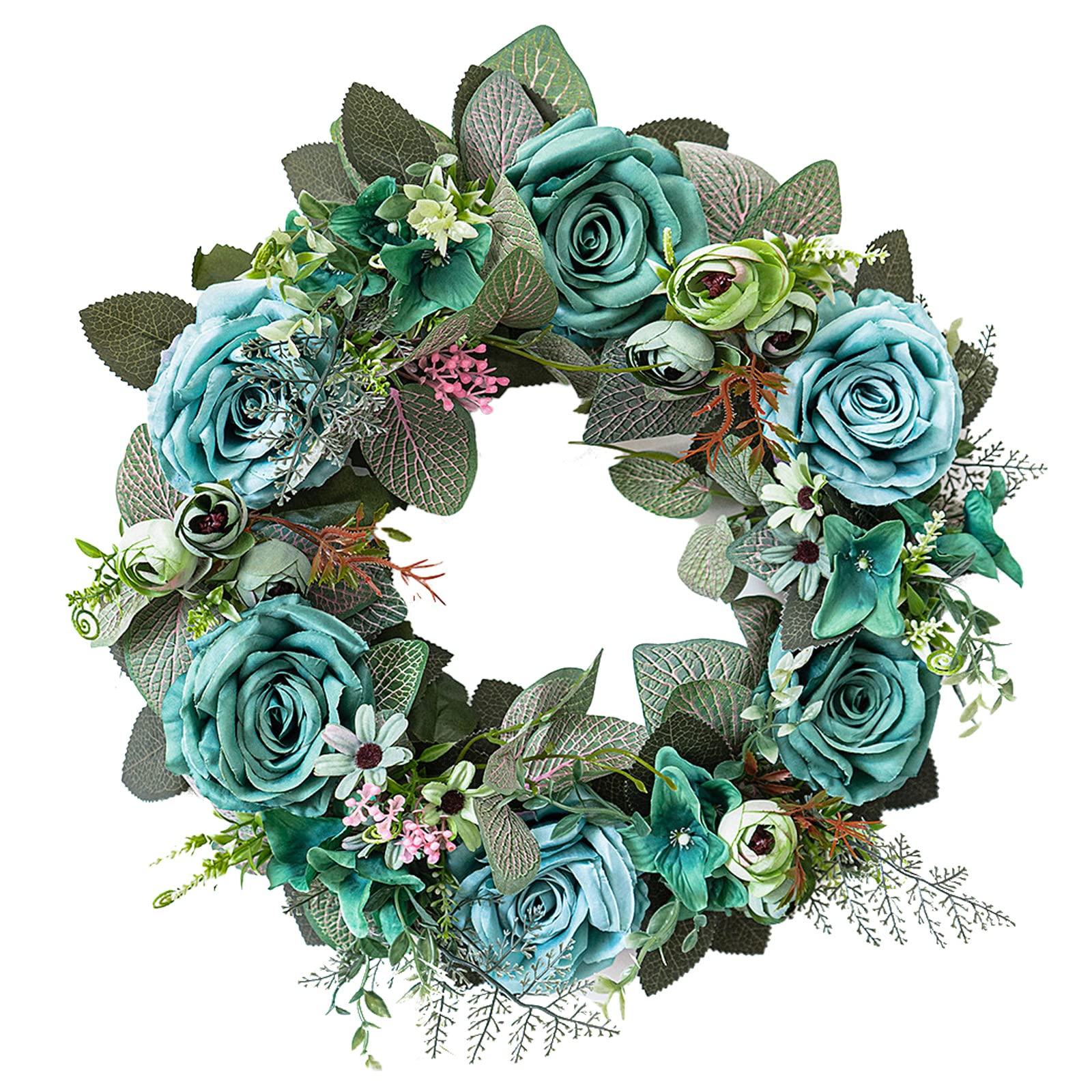 Plcnn Green 45Cm Artificial Rose Wreath, Spring Summer Floral Wreaths Eucalyptus Wreath For Front Door Home Garden Window Decor