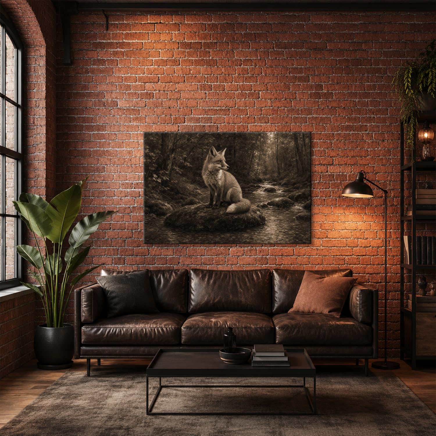 deyoli Obraz na płótnie lis siedzący na kamieniu w rzece lasu 70 x 50 cm Sepia