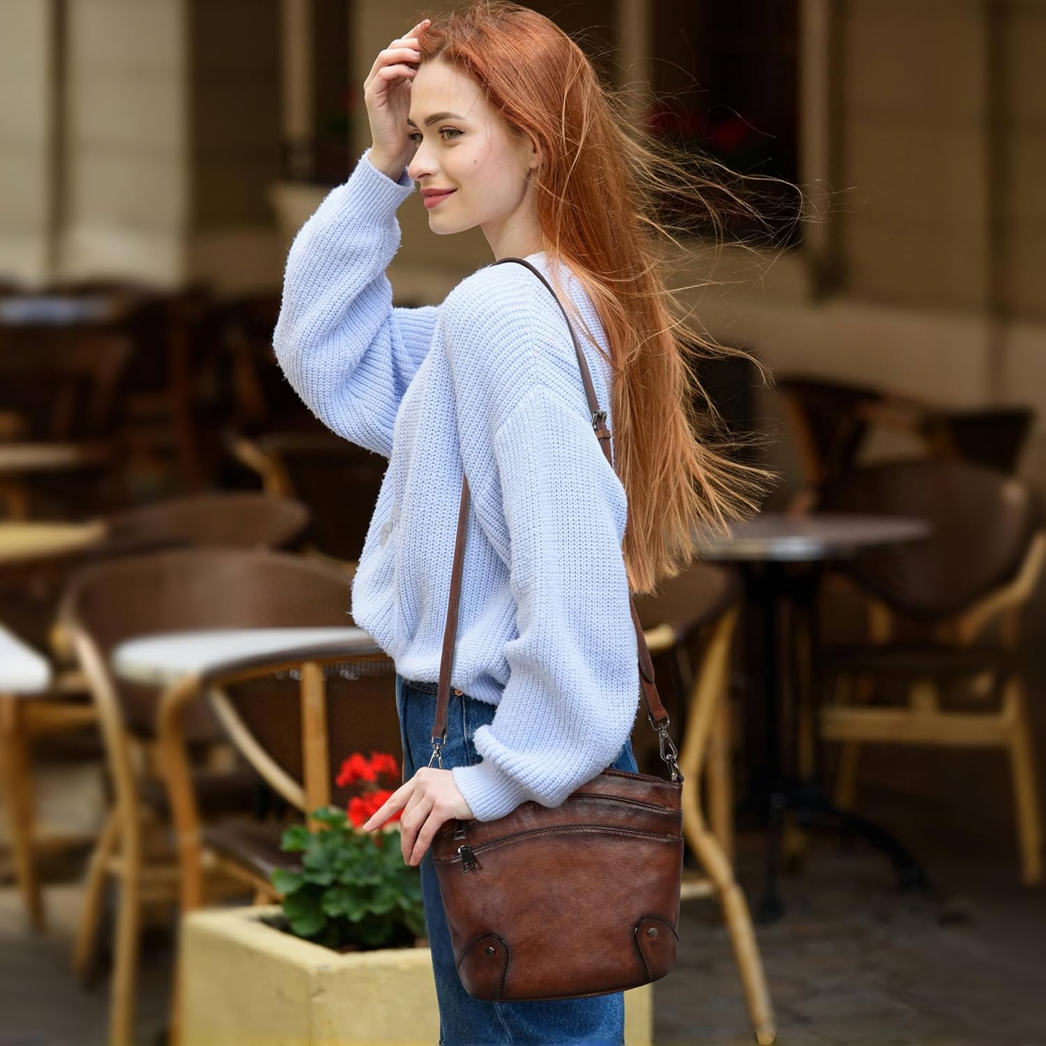 HESHE Kadınlar için Deri Çapraz Askılı Çantalar, Çok Cepli Vintage Omuz Çantaları, Seyahat İçin Çapraz Vücut Çantaları