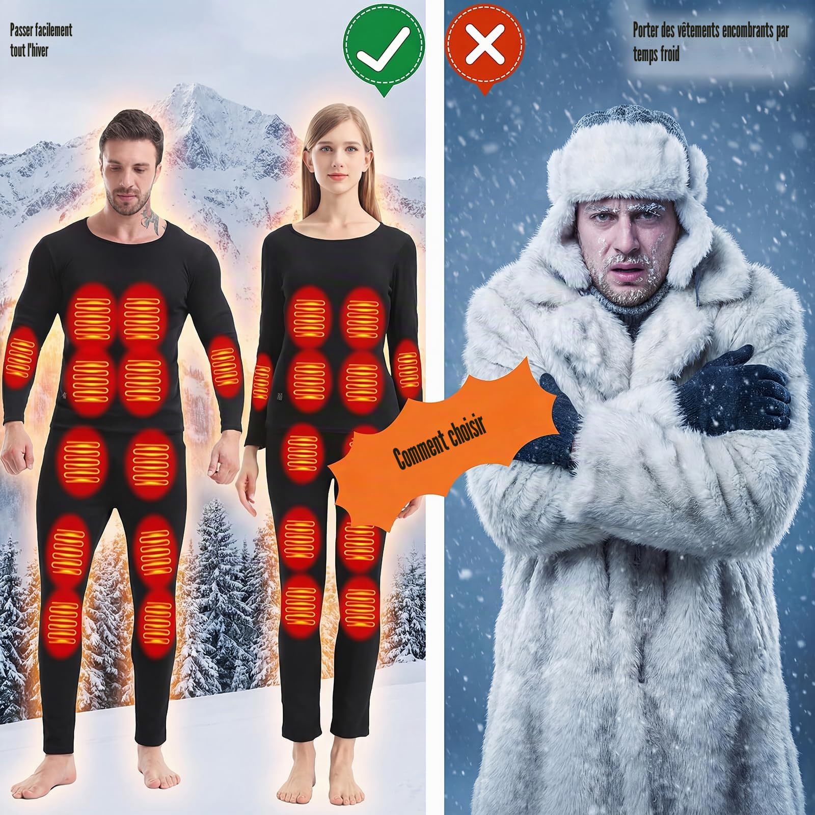 Ensemble de sous-vêtements Thermiques Chauffants pour Hommes d'hiver sous-vêtements Chauffants Chauffants intelligents USB à 28 Zones Convient aux d'hiver froids pour Le Ski