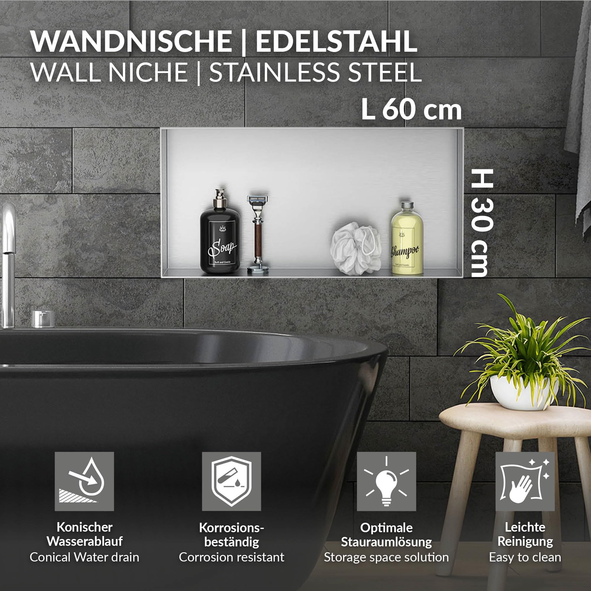 LuxeBath Nicchia a Parete senza Cornice in Acciaio Inossidabile 60x30x10 cm Argento per Bagno