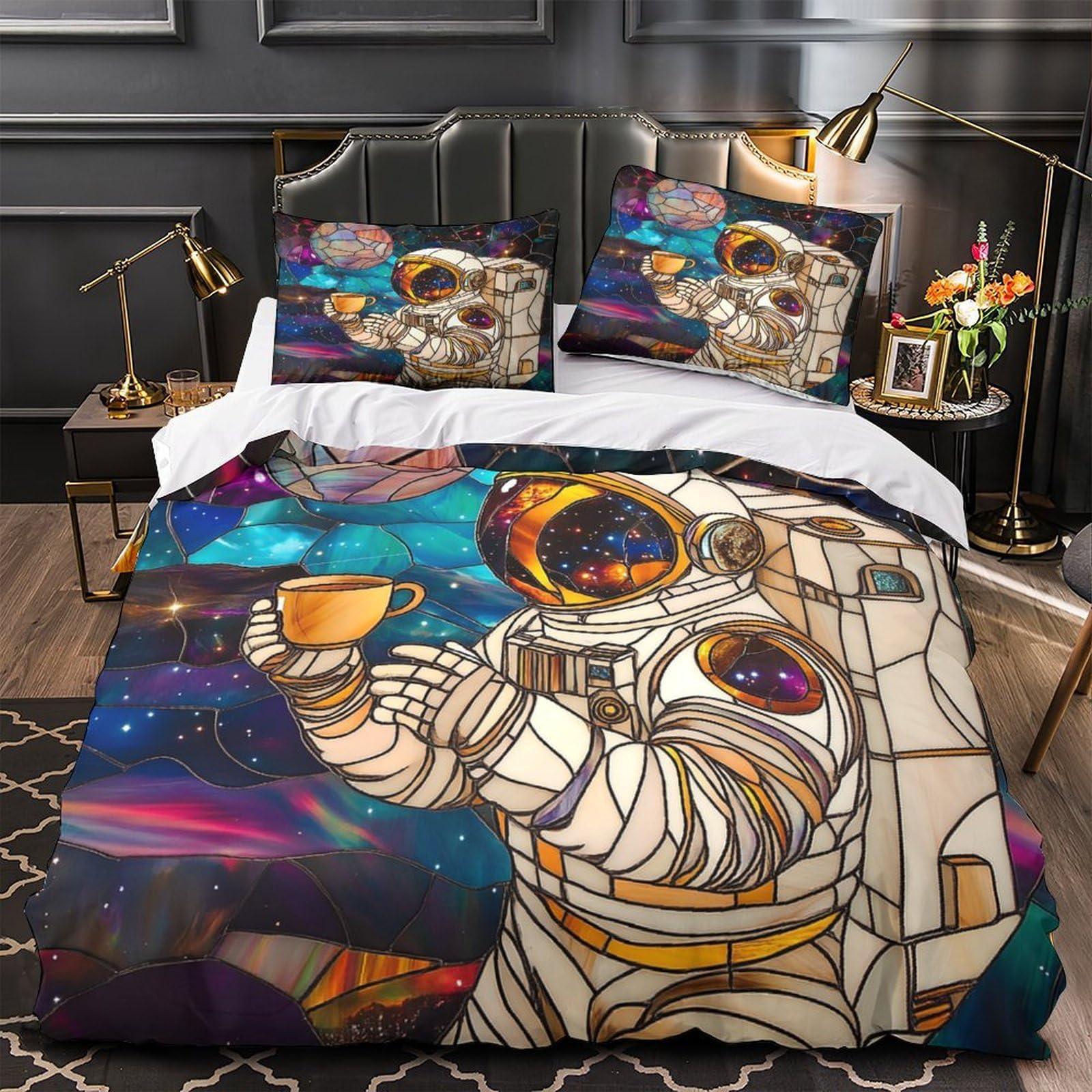 Housse de couette vitrail spatial 3D entretien facile déco chambre