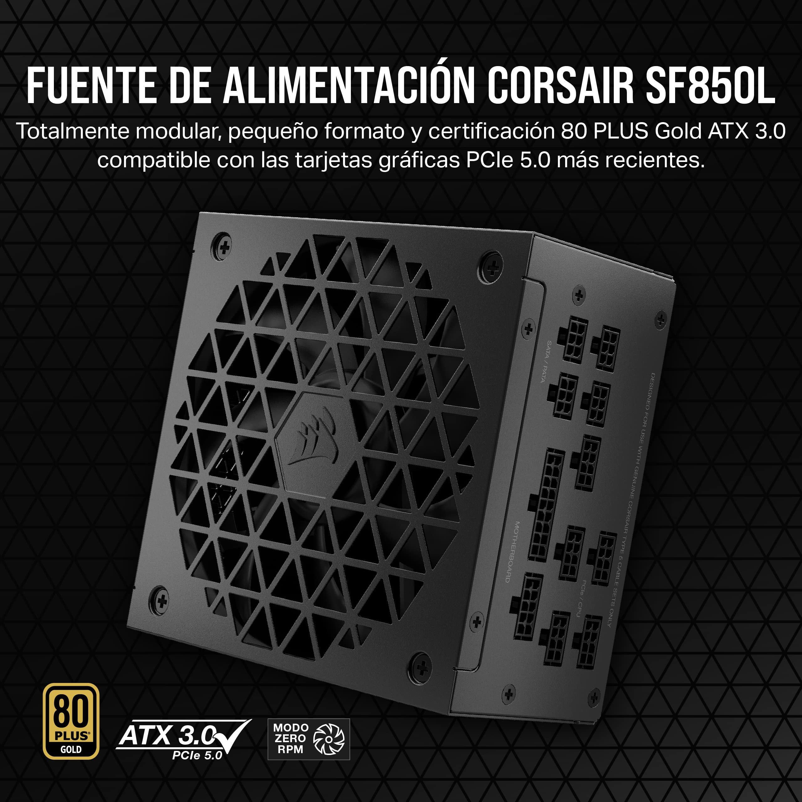 Corsair SF850L Fuente de Alimentación SFX Totalmente Modular de Bajo Ruido - Compatible con ATX 3.1 y PCIe 5.1 - Ventilador Silencioso PWM de 120 mm - Eficiencia 80 Plus Gold - Modo RPM Cero - Negro