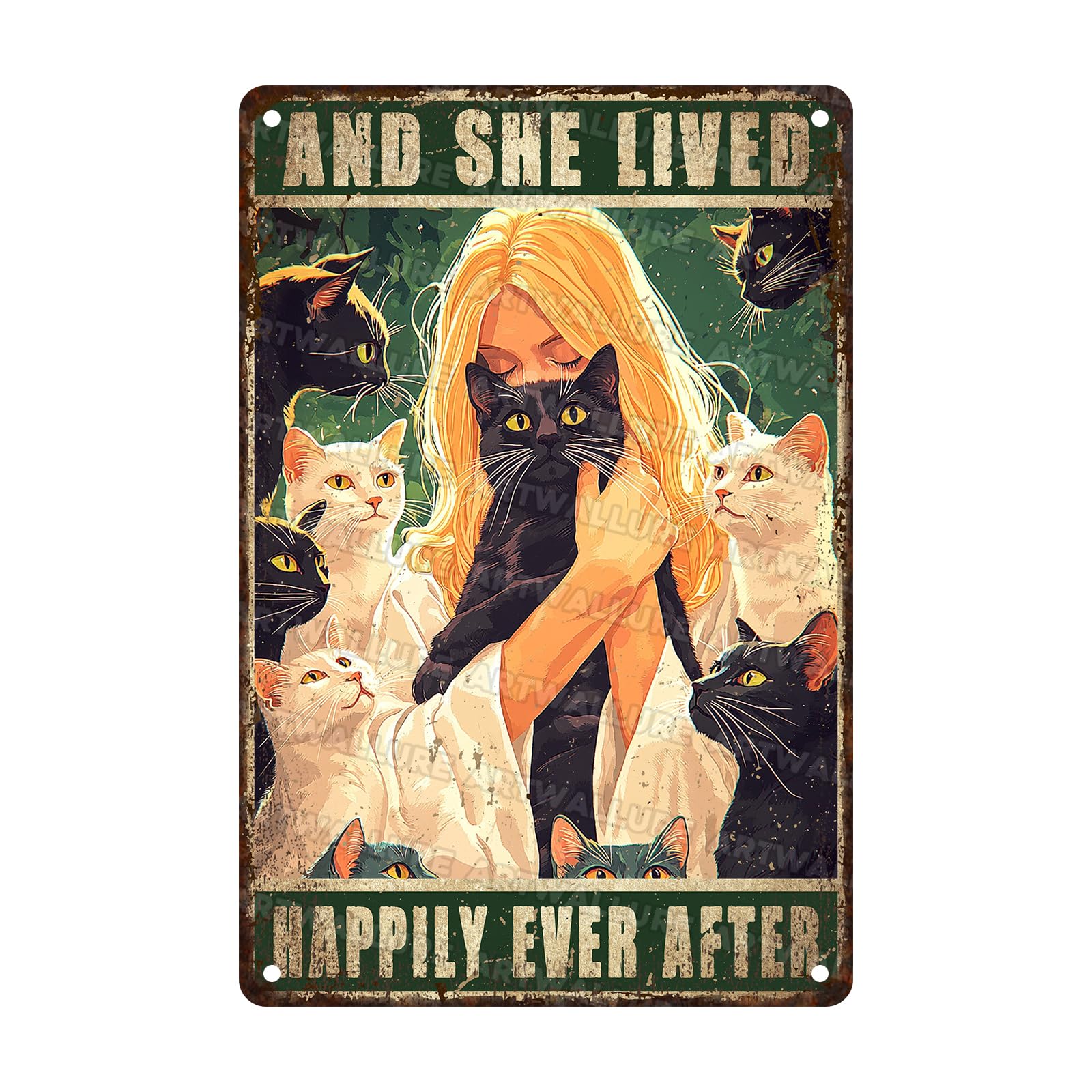 Cat Metal Tin Sign and She Lived Happily Ever After Wall Decor for Cat Lovers Office Bedroom Living Room Metal Plaque 8x12inch