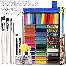 48 Colors Face Painting Kit for Kids &amp; Adults-Water Activated Paint Palette with Stencils,Split Cake,Glitter Gels,Brushes-Body Paint Set for Halloween,Theater &amp; Cosplay