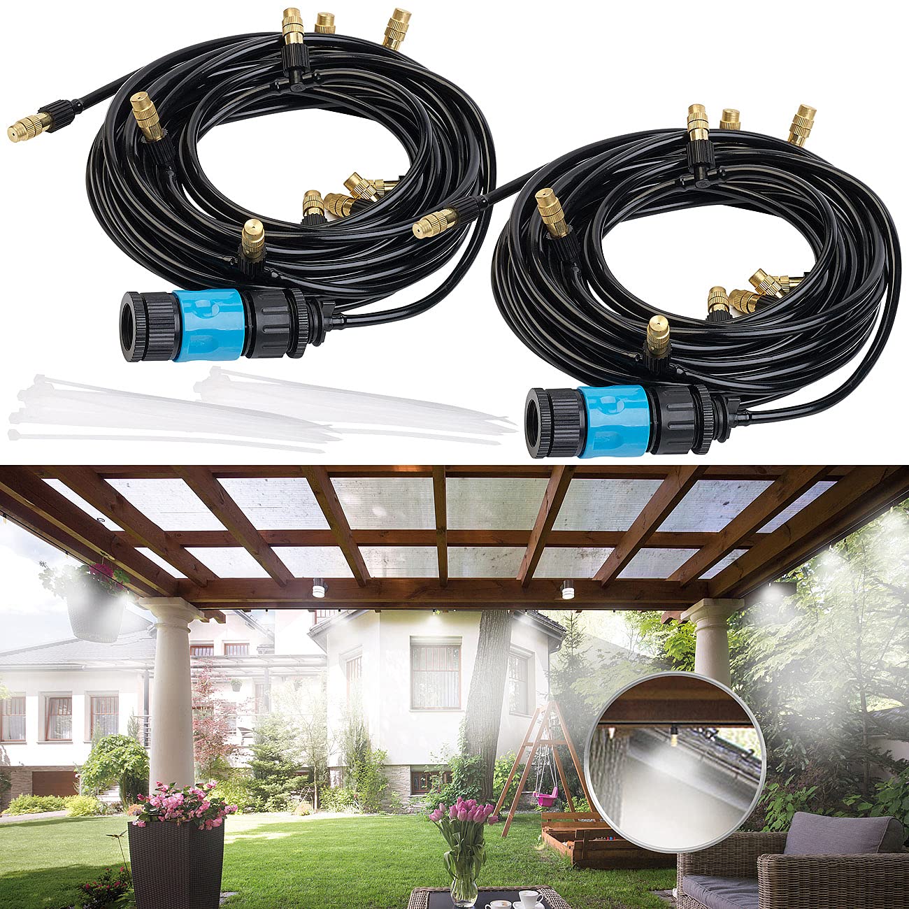Royal Gardineer Sprühnebel Garten: 2er-Set Wasser-Zerstäuber-Set mit 10-Meter-Schlauch und 10 Metalldüsen (Sprühnebeldusche, Wasser Sprühnebel, Pool)