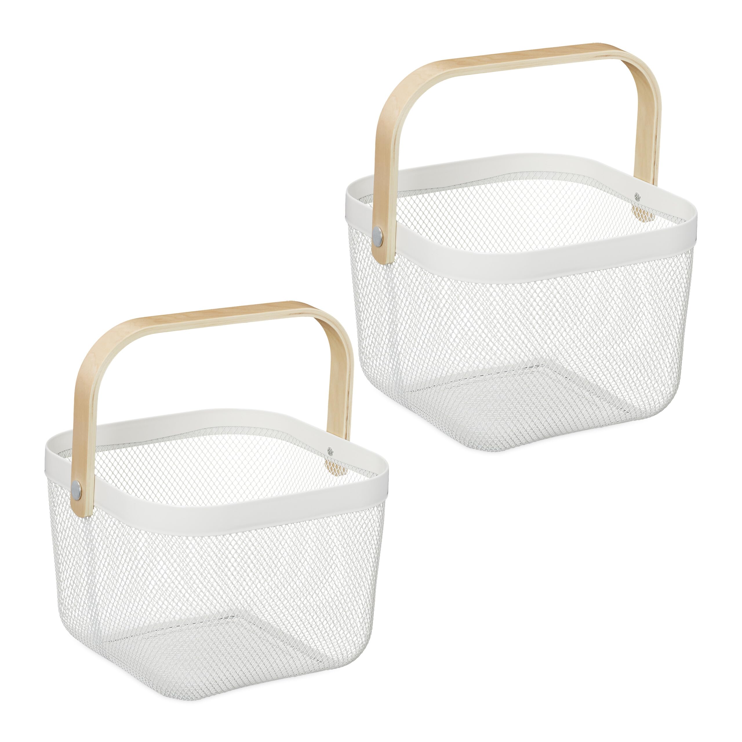 Relaxdays Wire Baskets with Handle, Set of 2, Metal & Bamboo, HxWxD: 17.5 x 26 x 24.5 cm, Stylish Storage, White