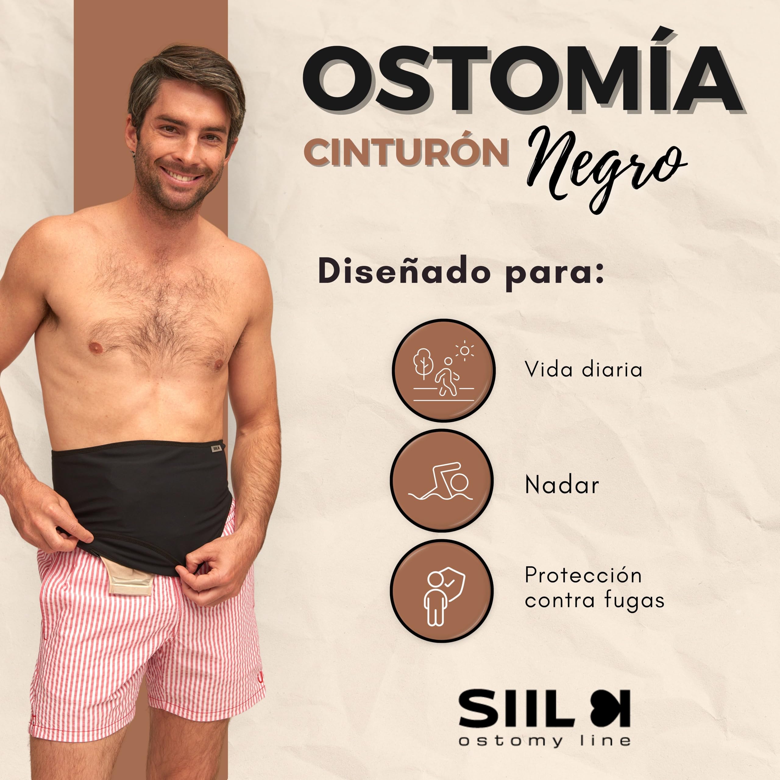 SIIL Cinturón de Ostomía Negro | Cinturón de Soporte de Ostomía | Deporte y Natación | X-Large