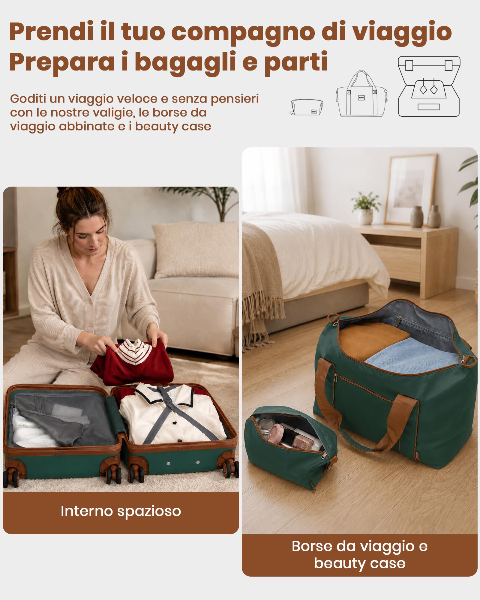 KONO Set da Viaggio 3 Pezzi, Trolley 55 cm e 2 Borse, Verde/Marrone | Valigia Bagaglio a Mano in ABS+PC, Borsa da Viaggio da 32 L, Borsa Organizer, Ruote a 360° e TSA