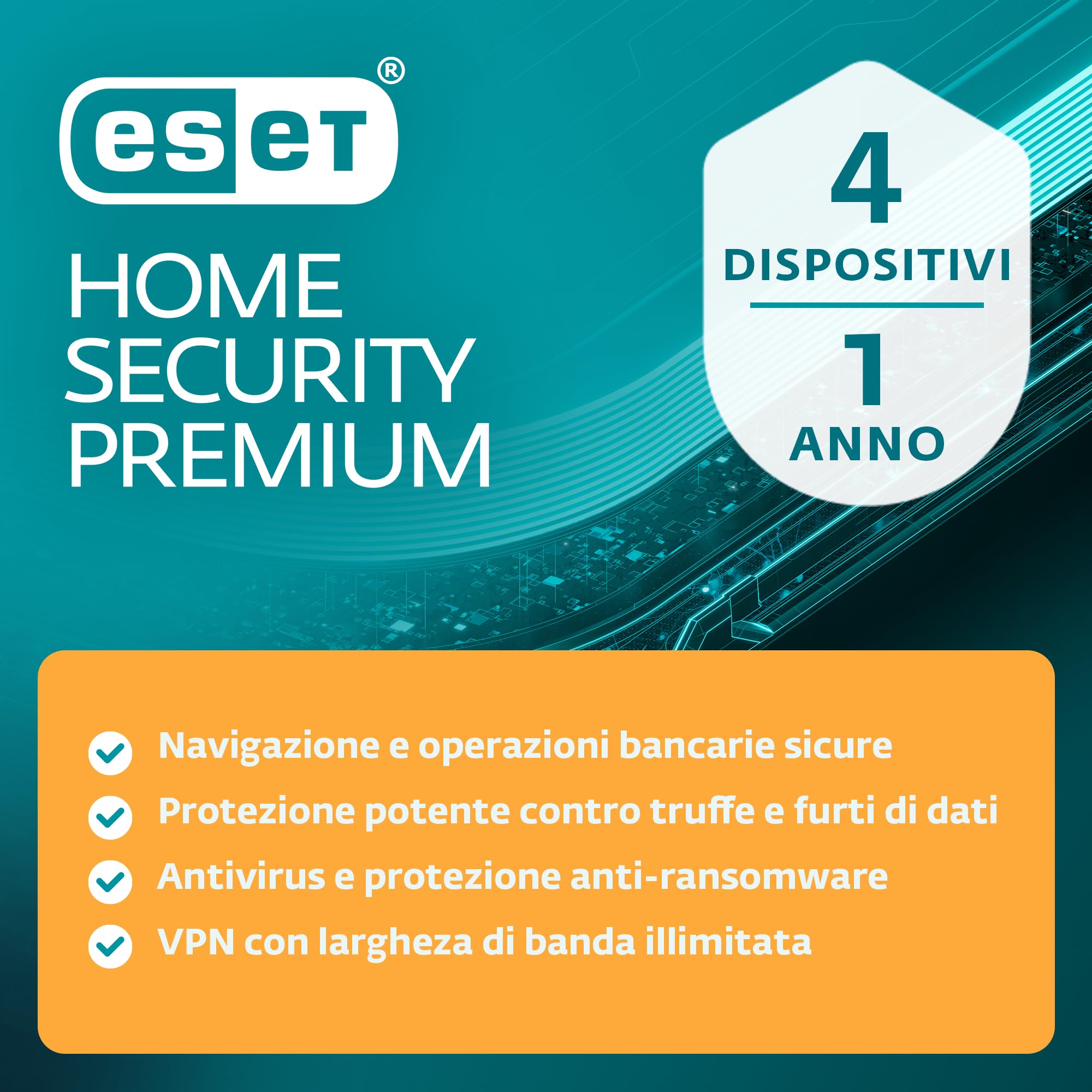 ESET HOME Security Premium 2026 | 4 dispositivi | 1 anno | Firewall, VPN, Crittofgrafia, Privacy e sicurezza del browser inclusi | Windows, MacOs, Android, iOS | Codice di attivazione tramite email