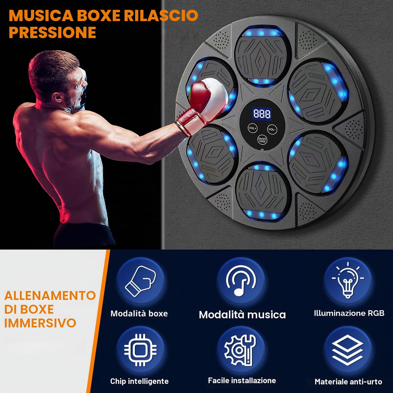Music Boxing Machine Adulti,9 modalità di velocità LED Macchina da Box Musicale Pugile con Musica,Machine Montata a Parete con Guanti da Boxe,Bluetooth Boxe Allenamento per Bambini Adulti Casa