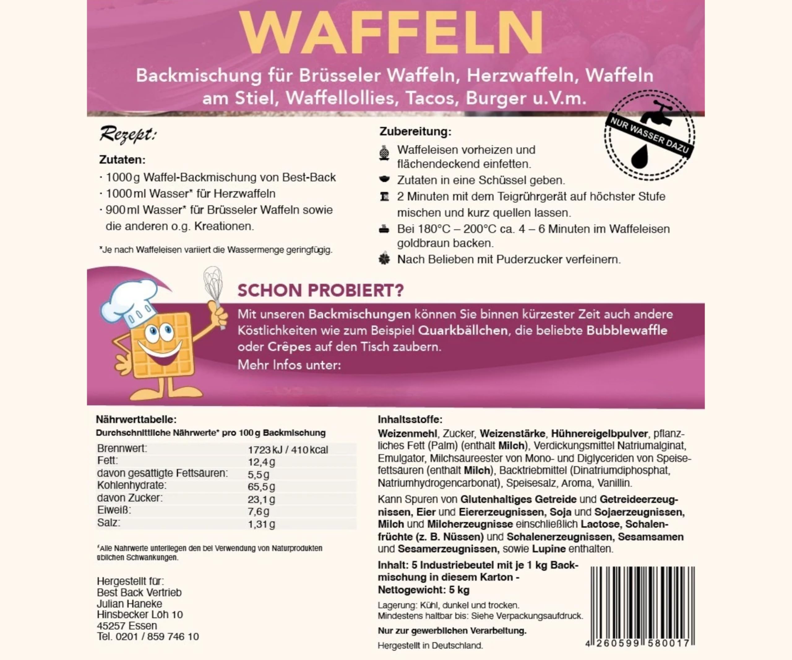 BEST BACK Waffel Backmischung 5 kg, 5er Pack (1kg)