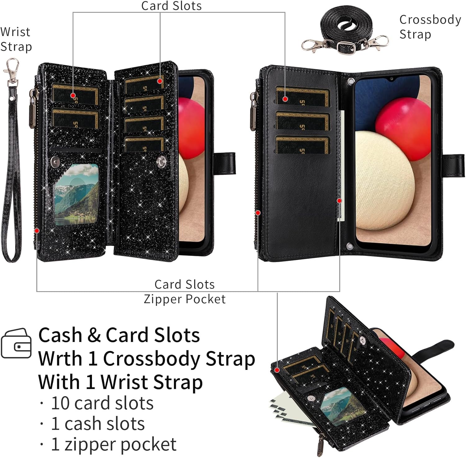 Asuwish Phone Case for Samsung Galaxy A02s Wallet Accessories Cell Cover with Tempered Glass Screen Protector Strap Bling Glitter Zipper Flip Credit Card Holder A 02s Ao2s M02s SM-A025V Women Black