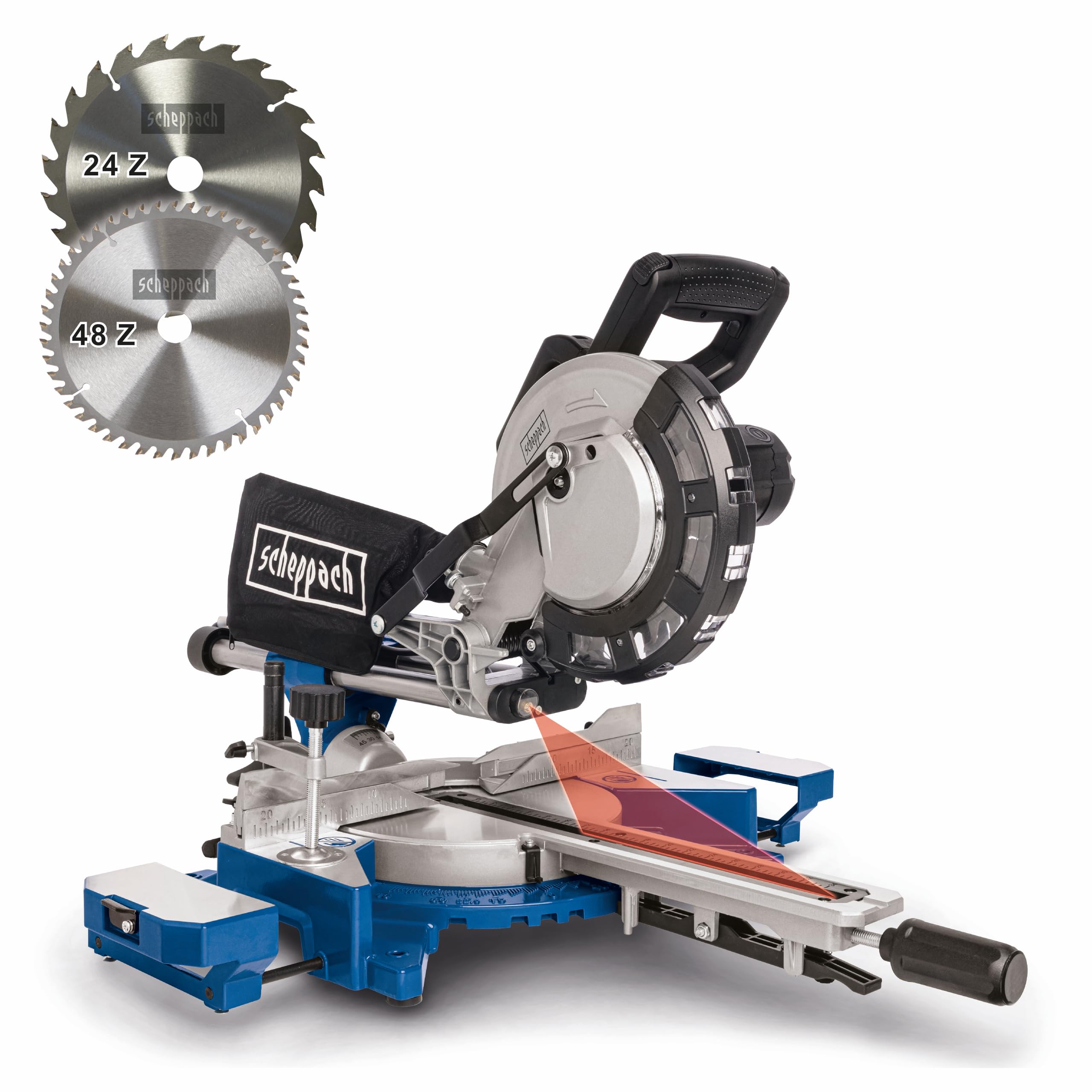 Scheppach Scie à onglets HM216 | Lame de scie Ø 216mm | Puissance 2000W | Laser & LED | Table tournante avec serrage rapide | 2 lames de scie incl. | butées d'angle, rallonges latérales