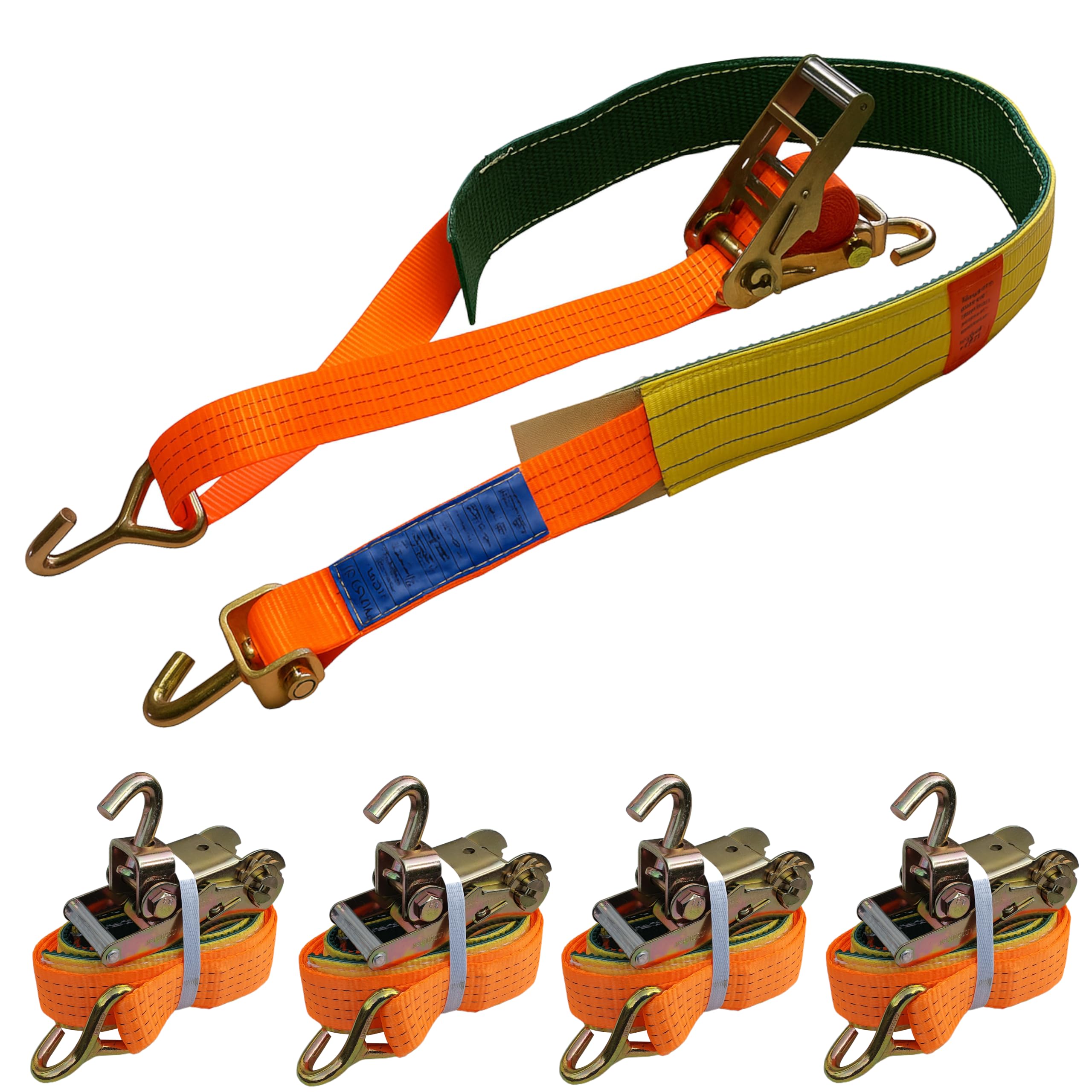 4X 50mm / 3 Meter Spanngurt mit extra langem Grippschlauch Autotransport Radsicherung Reifengurt PKW Anhänger Zurrgurt KFZ Trailer – Gurt mit EN 12195-2 / LC 3000 daN