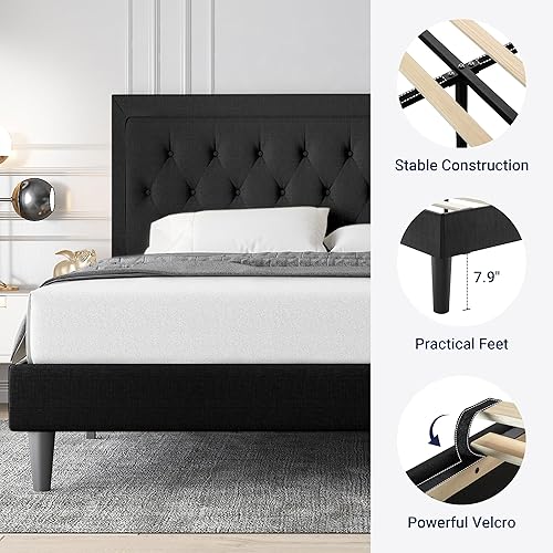 Miniatura 5 de Allewie Base de cama tapizada de tamaño matrimonial con cabecera ajustable, botón acolchonado, soporte de listones de madera, fácil montaje, color