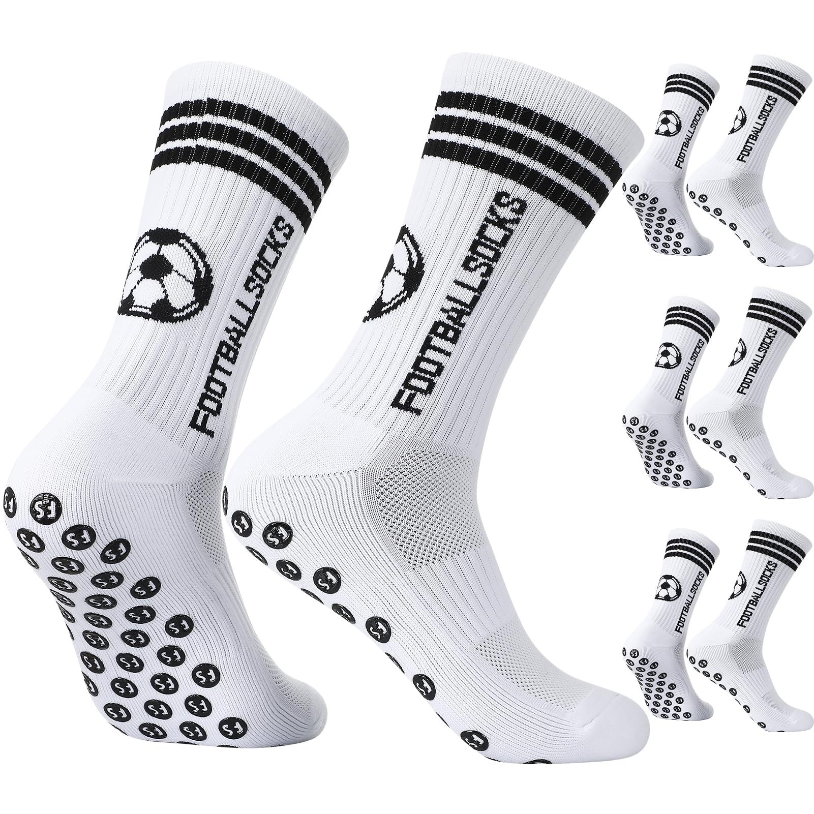 Utensilsto 3 Paare Fussball Socken Kinder Fußballsocken 35-39 Anti Rutsch Jungen Grip Socken Fußball Football Socks Atmungsaktiv Rutschfeste Sportsocken, Weiß mit Fußballmuster