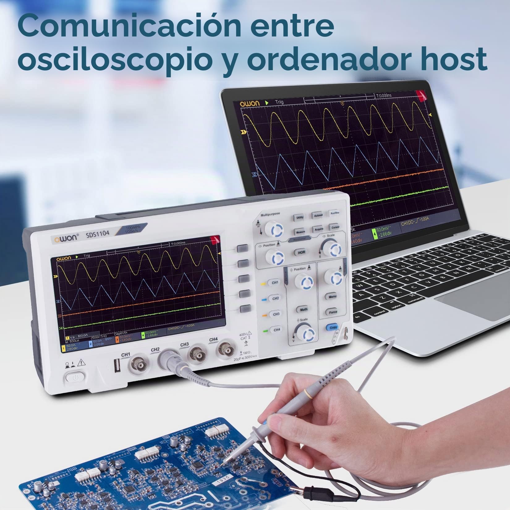 OWON Osciloscopio digital SDS1104 de 100 MHz, decodificador estándar de 1GS/s de 4 canales, osciloscopio de almacenamiento digital LCD de 7 pulgadas compatible con SCPI, y LabVIEW