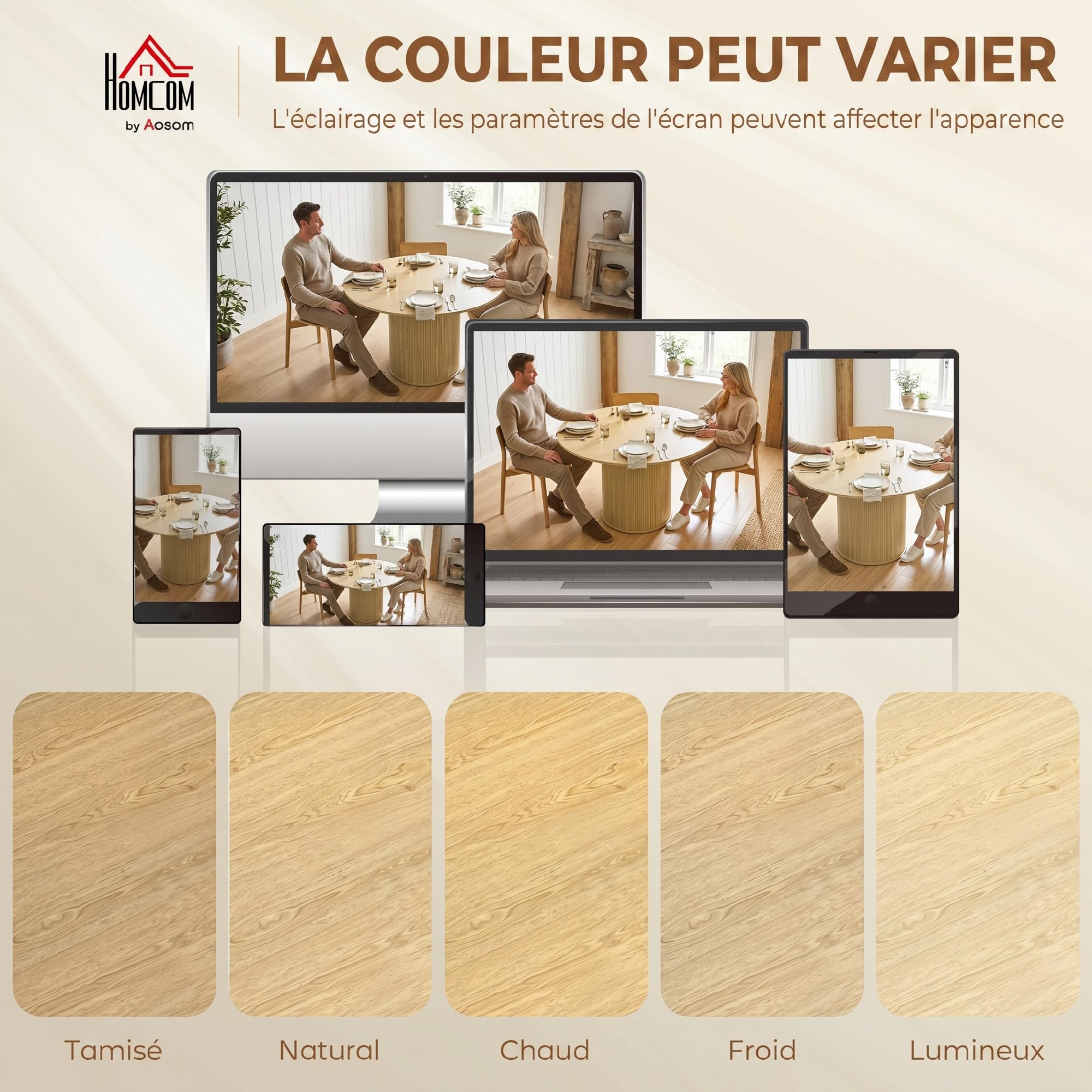 HOMCOM Table à Manger Ronde pour 4-6 Personnes Ø 120 x 75 cm Bois Naturel | Table de Cuisine Moderne, Large Plateau, Base Cylindrique Cannelée, pour Salon, Salle à Manger