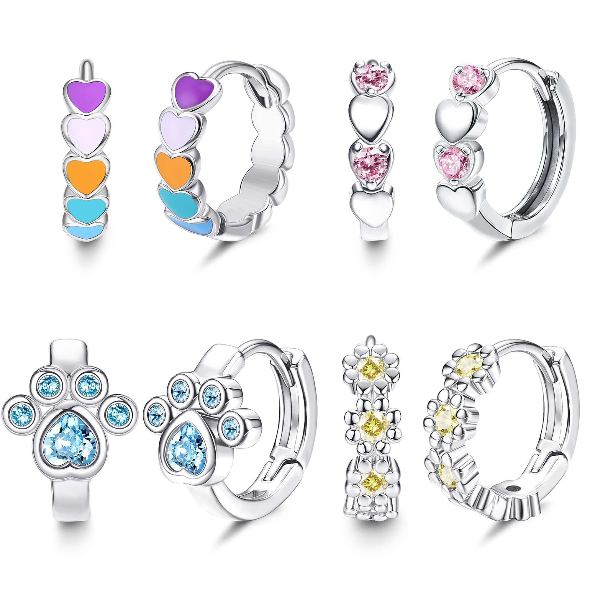 Finrezio4Pairs Huggie Hoop Earrings Stainless Steel Sleeper Small Hoop Earrings Cute Hinged Hoop CZ Heart Cartilage Earrings Hoop for Women Girls Teens