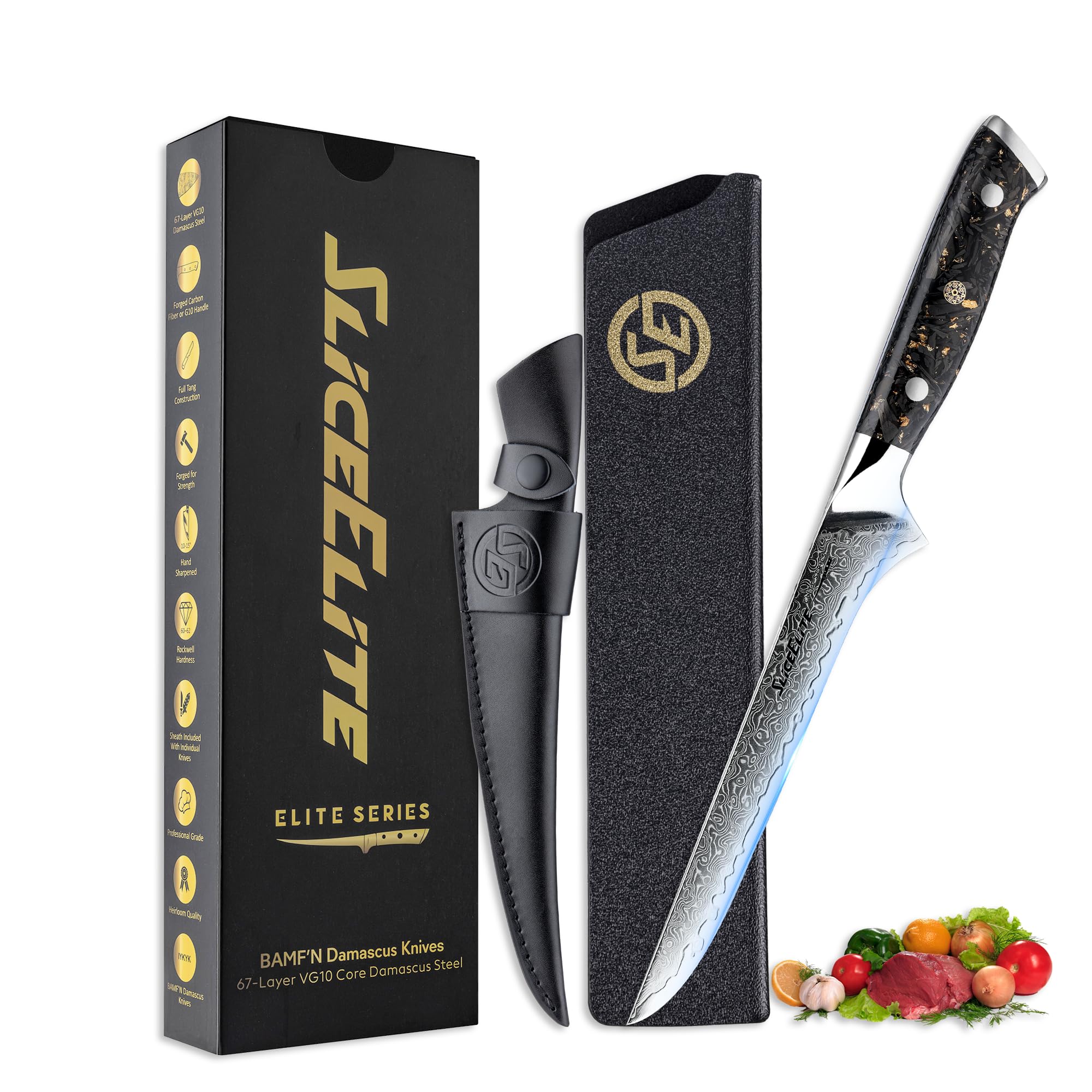 Elite Series 6.5-Inch Damascus Fillet Knife | VG10 Core, Gold-Infused Carbon Fiber Handle | Fish Fillet & Petrified Fish Knives with Dual Sheaths | Damascus Kitchen Knife for Meat, Fruits & Vegetables