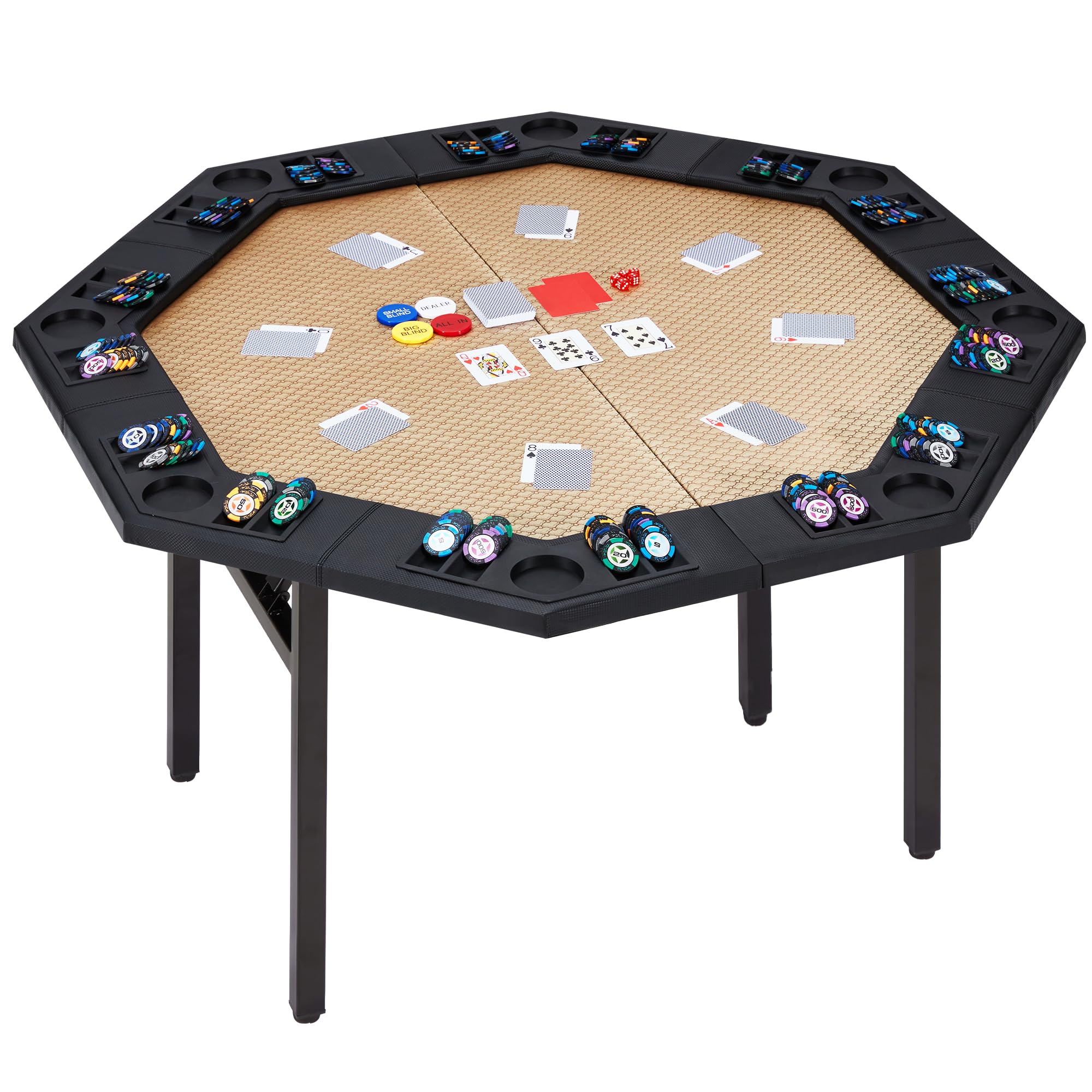 ECOTOUGE Poker Table Foldable, 8 Players Texas Holdem Table with Chip Trays & Collapsible Legs, Octagon Folding Game Table for Casino Leisure Game, Easy Assembly, Gold