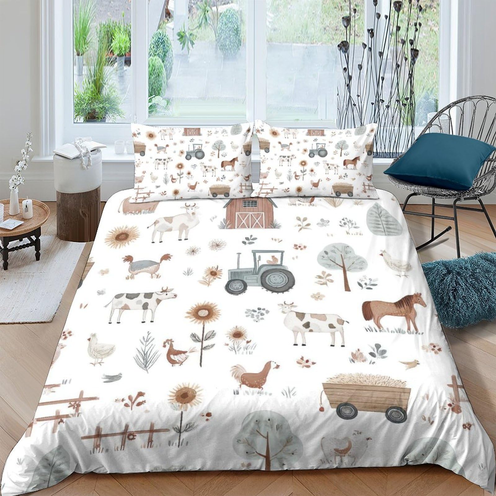 GPLZQXKJNH 3D Printed Farm Animals Duvet Cover Microfiber Soft Tractor Bedding Set with 2 Pillowcases for Bedroom Decor Single（135x200cm）