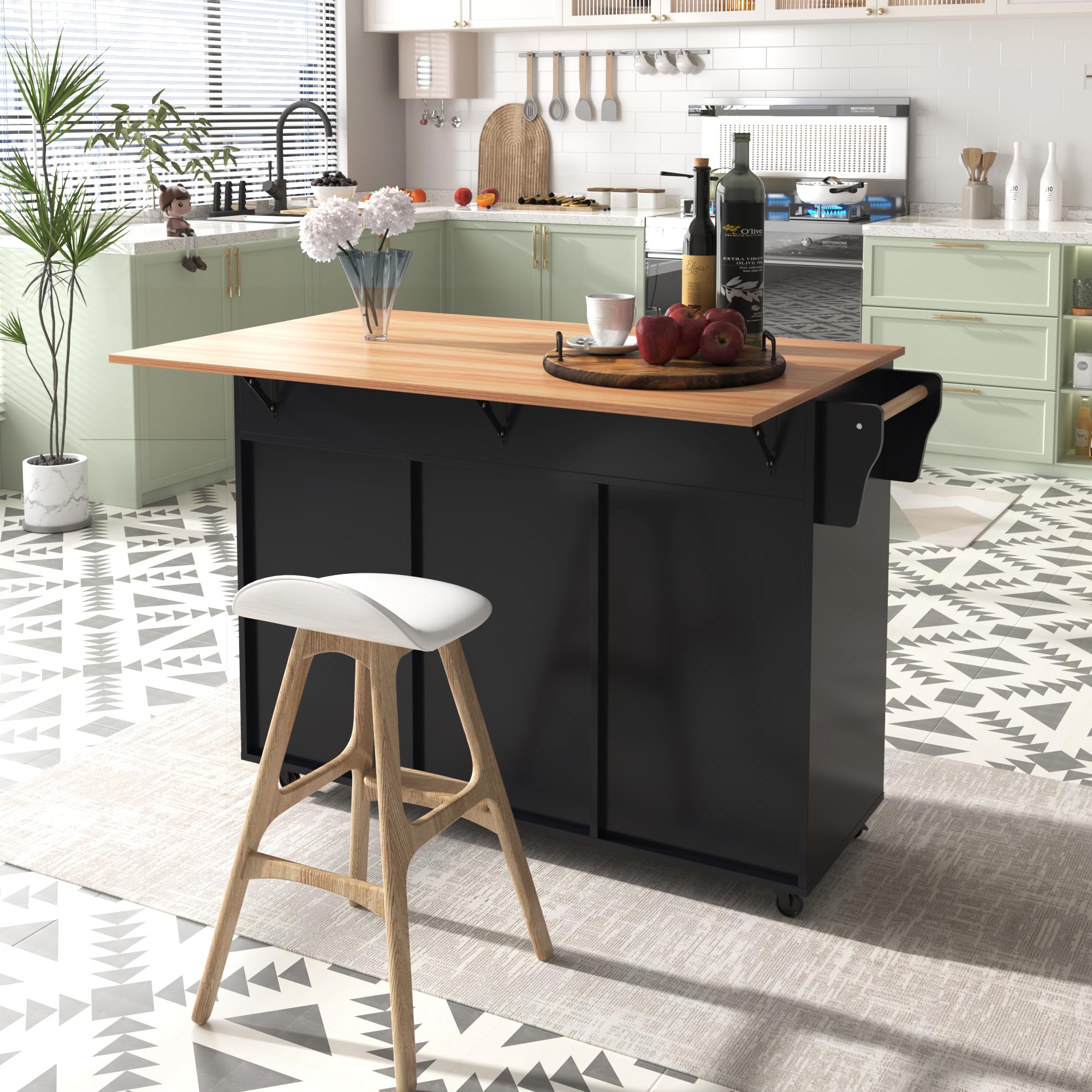 DRIXNO Kücheninsel Freistehend mit Klappbarer Arbeitsplatte Küchenschrank Küchenwagen auf 5 Rollen, mit Ablage und 2 Schubladen, Schwarz Für Esszimmer 129 * 71 * 91.5cm