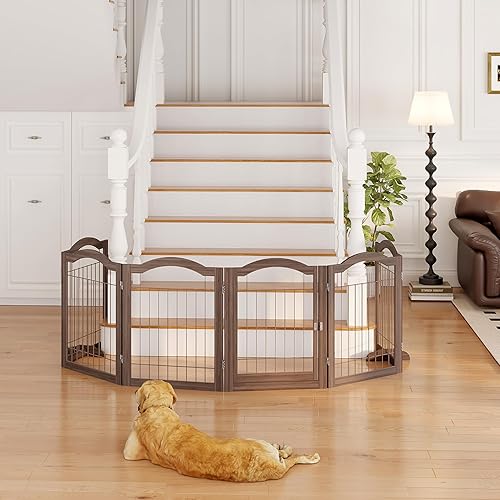 Miniatura 5 de Puerta plegable para mascotas sin ensamblaje de 144 pulgadas de ancho, puerta de madera para perros de 30 pulgadas de alto con puerta de paso,