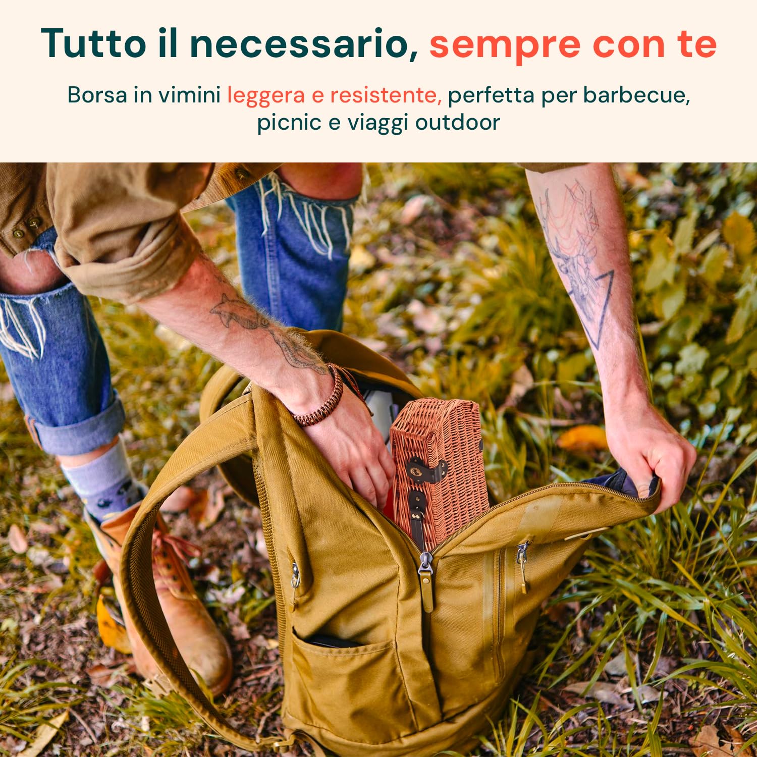 Avilia Bolsa de Herramientas para Barbacoa de Mimbre, Juego de Barbacoa portátil con 5 Accesorios en maletín, Kit para Barbacoa de Camping, Herramientas de Barbacoa de Viaje y Picnic al Aire Libre