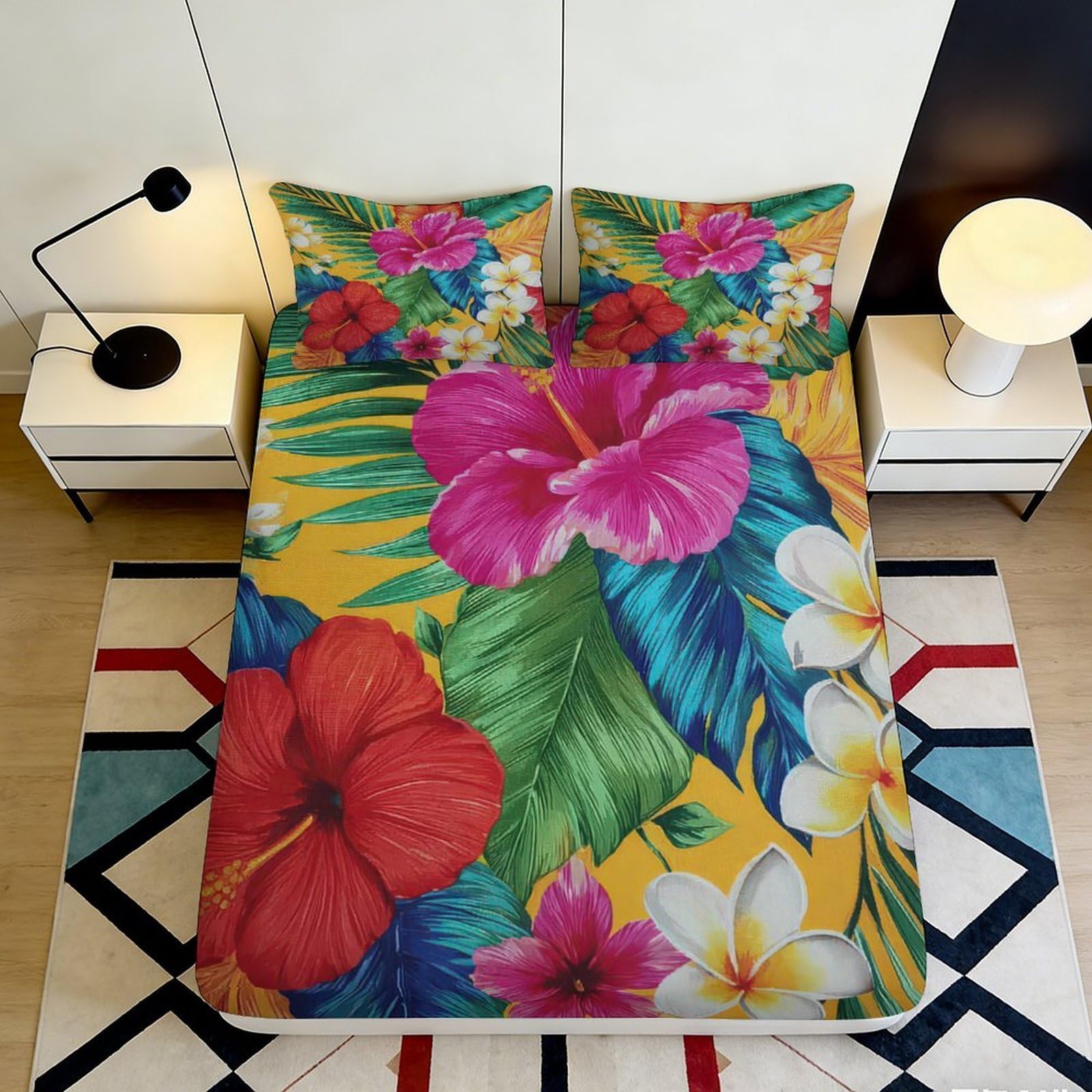3D Printed Tropical Hibiscus Fitted Sheet Microfiber Soft Colorful Plumeria Mattress Cover for Bedroom Guest Room Home Decor 90x200x25cm