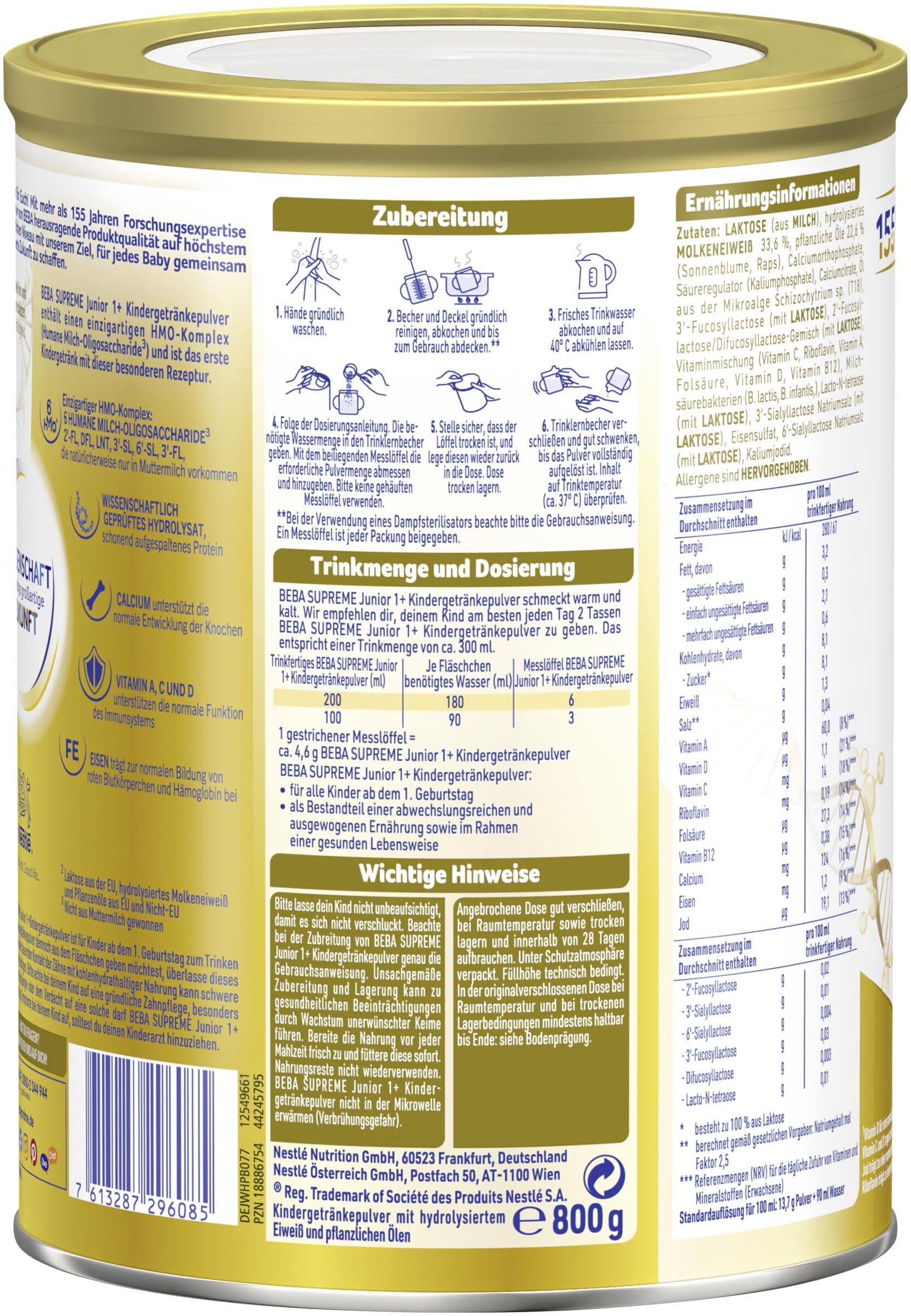 BEBA SUPREME JUNIOR 1 Plus - Kindergetränk ab dem 1. Geburtstag, Mit 6 HMO Komplex, Nur Laktose, Ohne Palmöl, Ohne Fischöl, Kleinkindnahrung, Baby-Milchpulver, 6er Pack (6 x 800g)