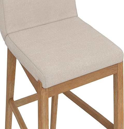 Miniatura 5 de Nathan James Gracie Taburete de bar moderno con respaldo, taburete acolchado de altura de barra con tapicería de lino natural y patas de madera