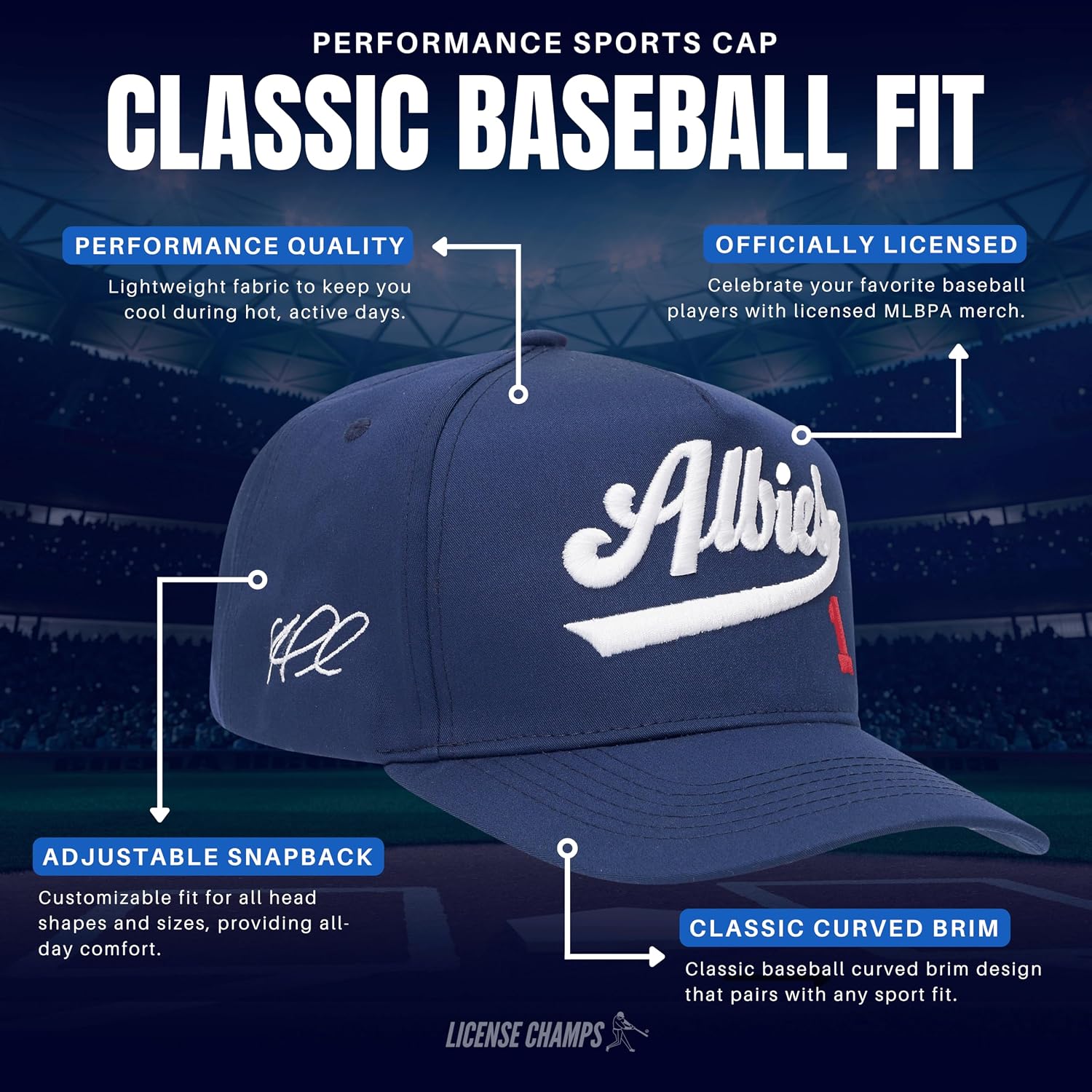 Officially Licensed MLBPA Baseball Hat Adjustable Snapback Cap, Embroidered Performance Curved Brim Hat for Men, Women & Kids