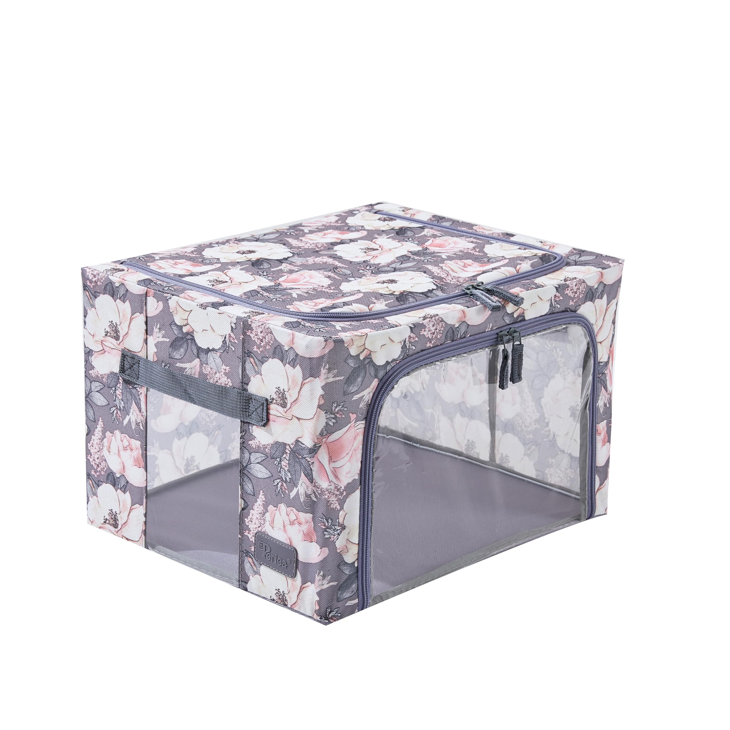 Periea ‘Beau’ Folding Collapsible Stackable Fabric Home Storage Boxes with Steel Frames (Black Grey Floral, Large) — view 122