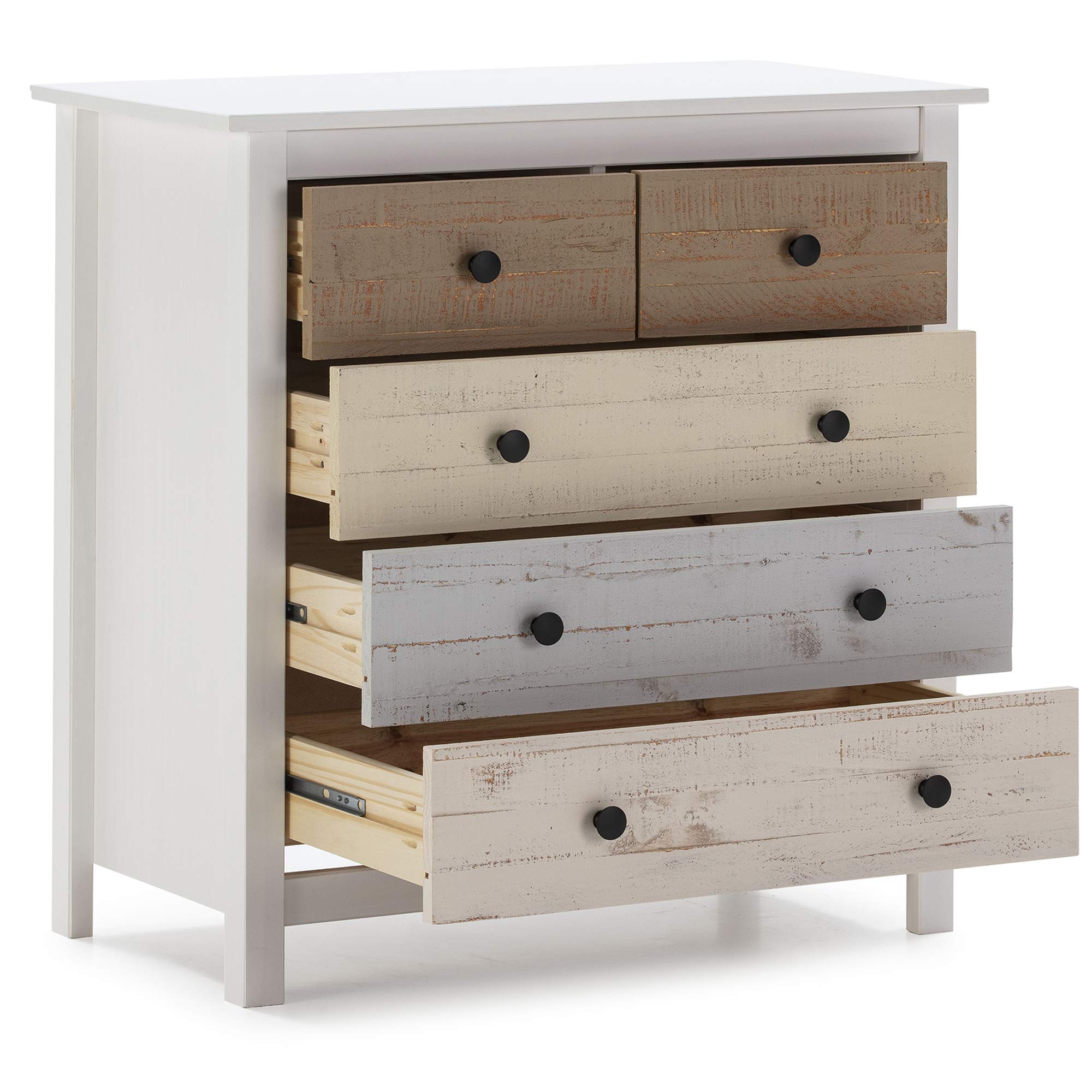 VS Venta-stock Cassettiera Magda Bianco con 5 cassetti di diversi colori, realizzato in pino massiccio