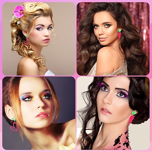 Vista 7 de 2 pares de aretes acrílicos de los años 80 y 90, aretes de corazón verde neón y perno de luz, joyería retro para mujer, disfraz de los años 80 y 90