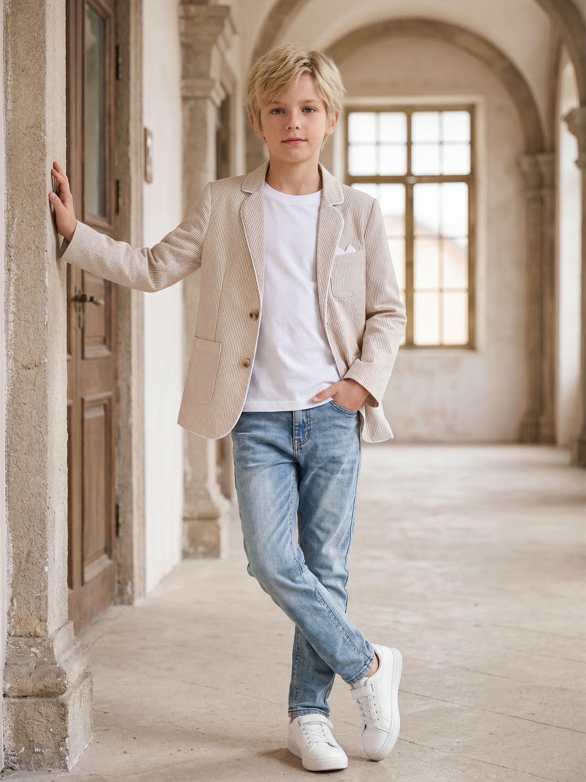 LOLANTA Blazer en Seersucker Respirant pour Enfants, Veste de Costume rayée élégante pour garçons, pour Occasions décontractées d’été, 5-13 Ans