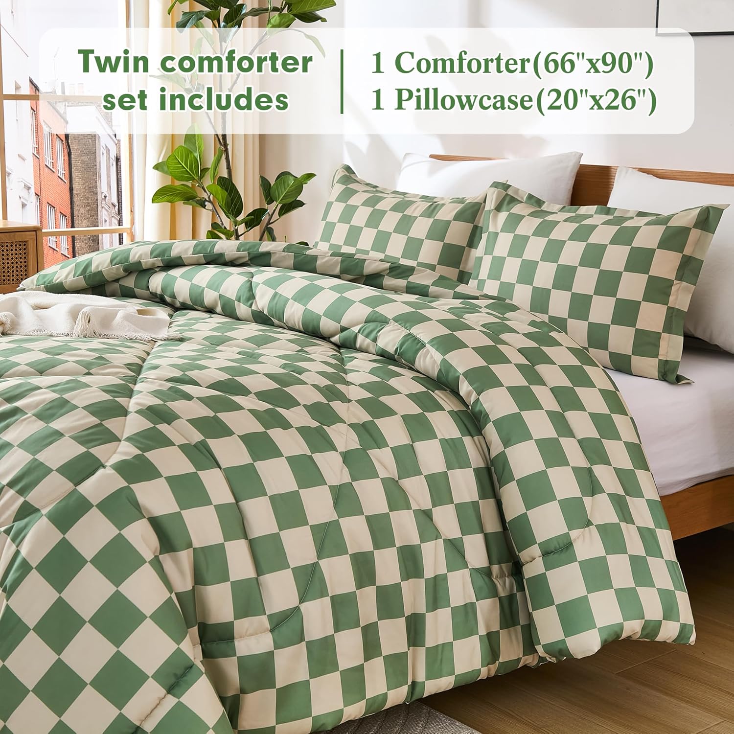 Sage Green Beige Checkerboard Grid Comforter Set, 2 Pieces Fluffy Plaid Down Alternative Comforter Twin (66"x90"), Lightweight Microfiber Geometric Bedding with 1 Pillowcase for All Seasons
