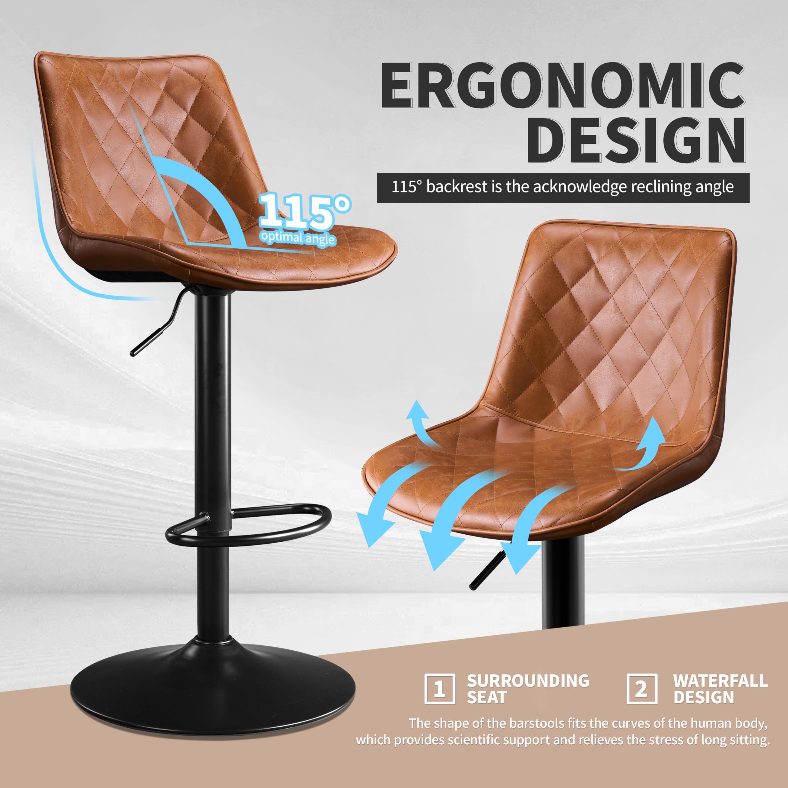 STOOLINK Juego de 2 Taburete Cocina, Taburete Alto Cuero de Microfibra, Taburete de Bar con Respaldo, Taburete Bar Regulables en Altura, Sillas de Bar con Reposapiés-Whisky Marrón