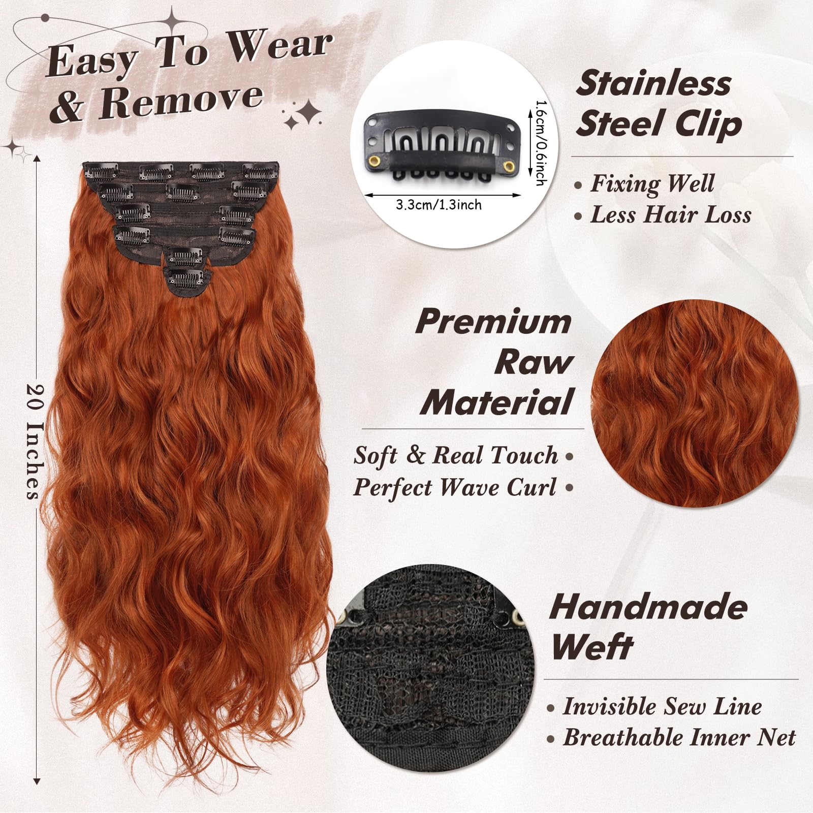 BARSDAR Extension Capelli a Clip, 50cm Lunga Ondulati Clip in Extension per Donna 6PCS Naturale Finta Hair Extension Sintetici Posticci Extension Capelli - Rosso Rame