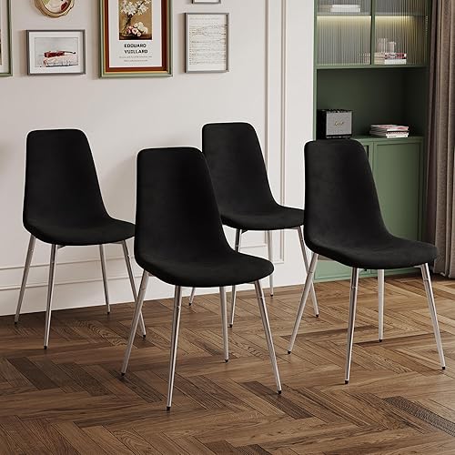 Miniatura 2 de Mid-Century - Juego de 4 sillas de comedor modernas, cómodas sillas auxiliares con asiento de tela, patas plateadas de metal resistentes para