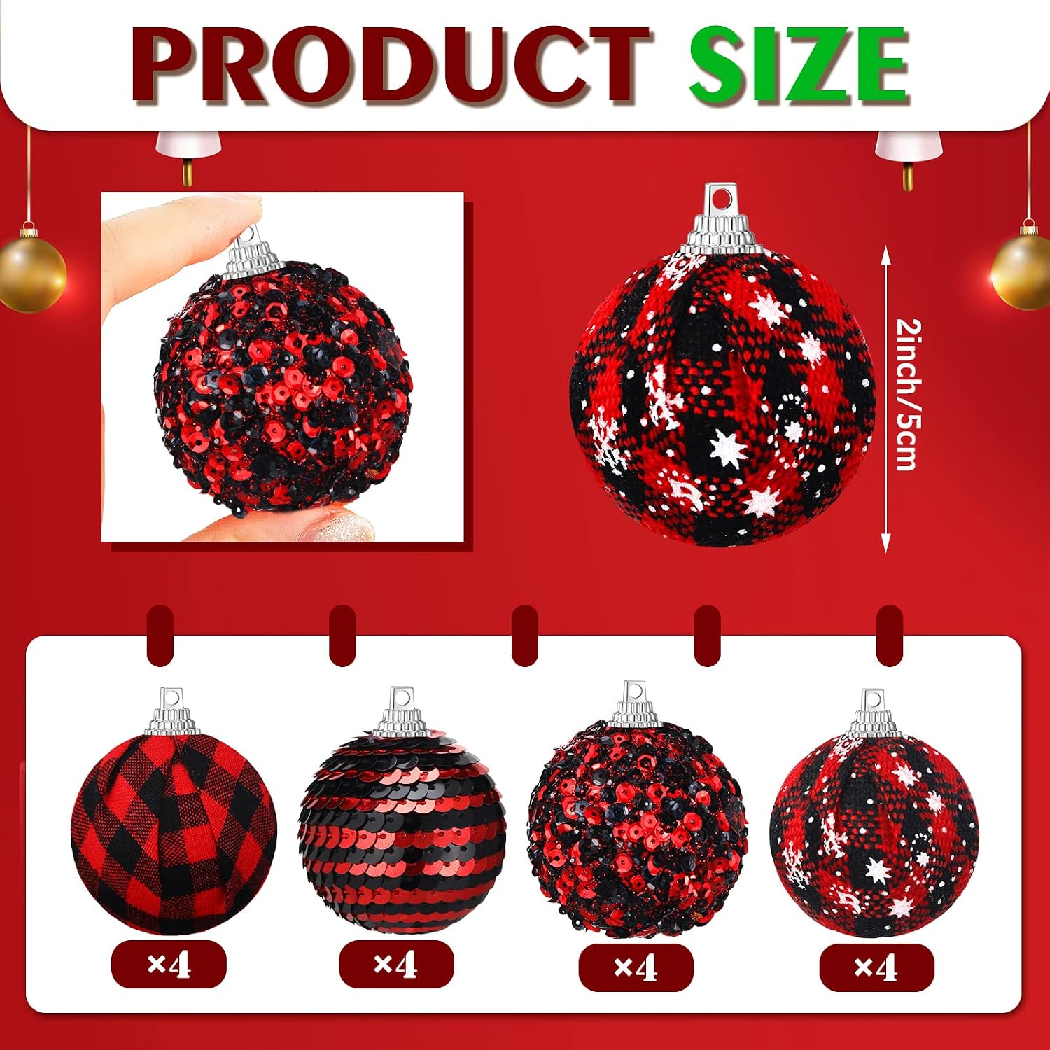 Ferraycle 16 Pcs Christmas Ornaments for Tree 2 Inch Black Red Buffalo Plaid Ball Hanging Decorations Sequin Fabric Wrapped Ball for Xmas Tree Party Decoration